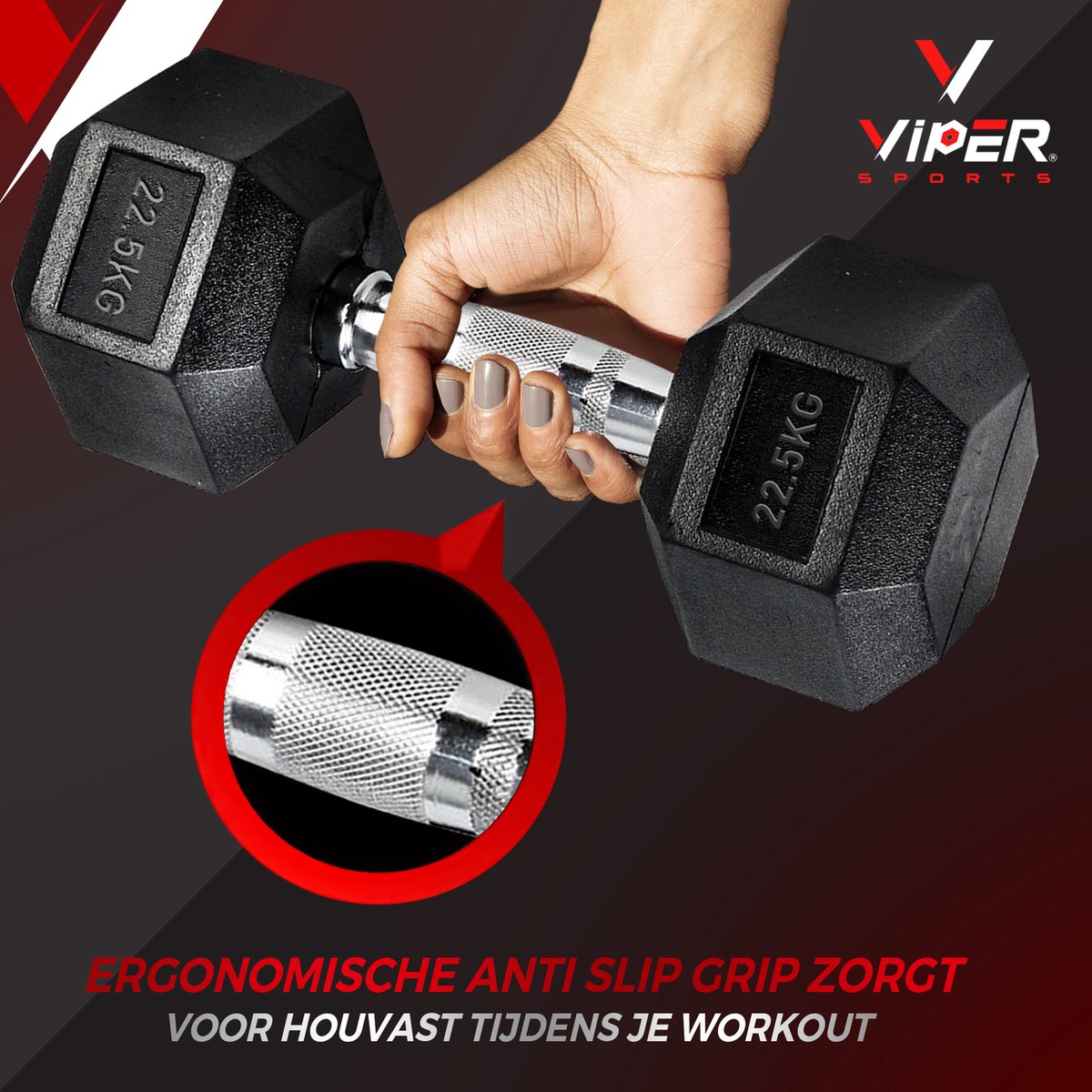 Viper Sports IJzer Zwart Gewicht 22.5 kg – Dumbbells – Antislip – Zeshoekig ontwerp – Hexagon-Design - RVS/Rubber – Zilver/Zwart - 1 Stuk