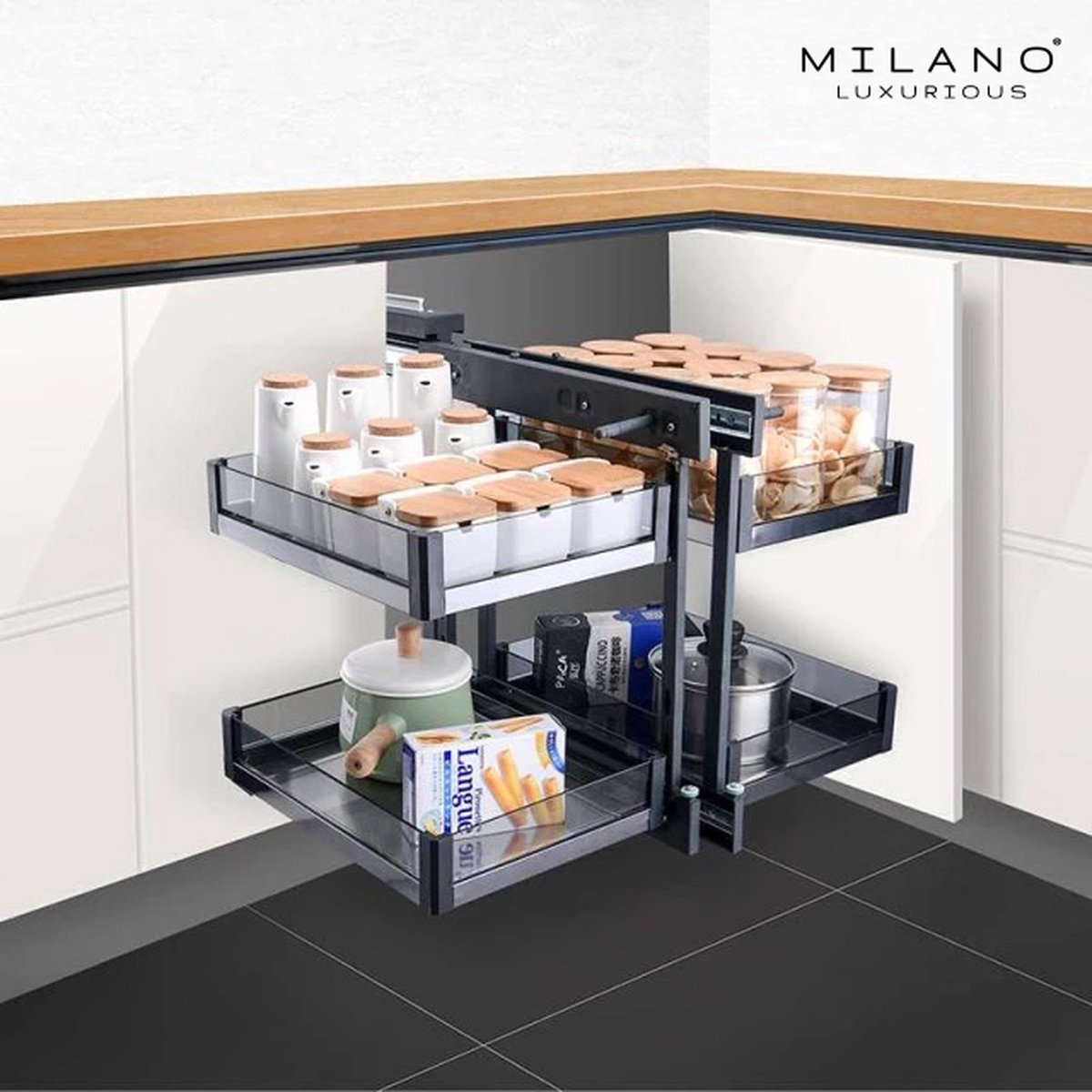 Milano Luxurious® Magic Corner - Corner Kitchen Cabinet Organizer - Pull-out Drawers - 4 trays, 2 levels - 48 x 87 x 58 cm - door width 40 cm - anthracite