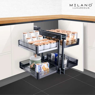 Milano Luxurious® Magic Corner - Hoek Keukenkast Organizer- Uitschuiflades - 4 plateaus, 2 levels - 48 x 87 x 58 cm - deurbreedte 40 cm – antraciet