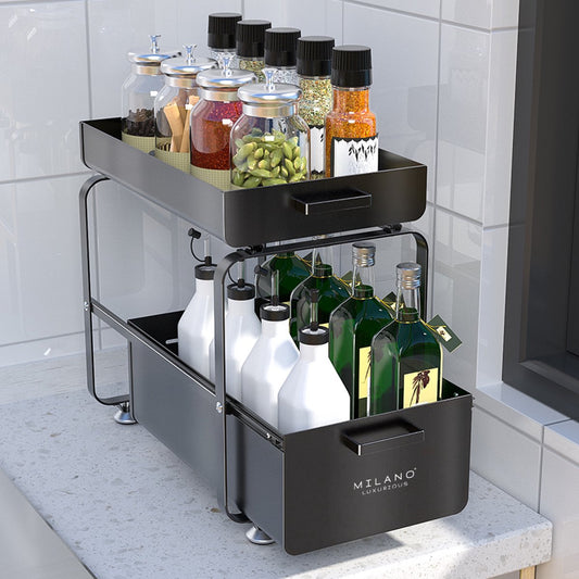 Milano Luxe organizer lade zwart – Keuken ladekast – Gootssteenkast organizer – Opbergrek voor het aanrecht – Tweelaags ladesysteem – Opslag voor keukenkast of badkamerkast