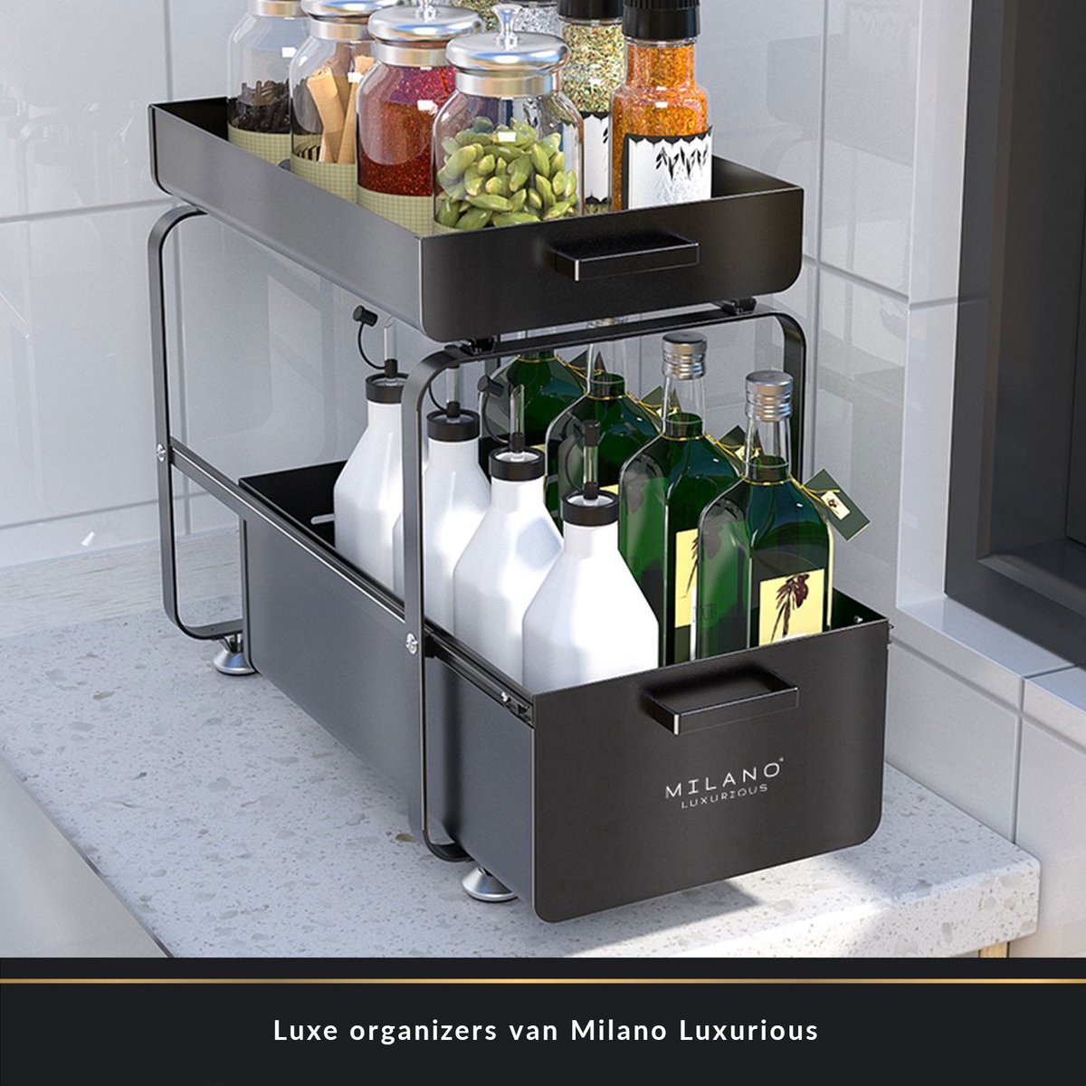 Milano Luxe organizer lade zwart – Keuken ladekast – Gootssteenkast organizer – Opbergrek voor het aanrecht – Tweelaags ladesysteem – Opslag voor keukenkast of badkamerkast