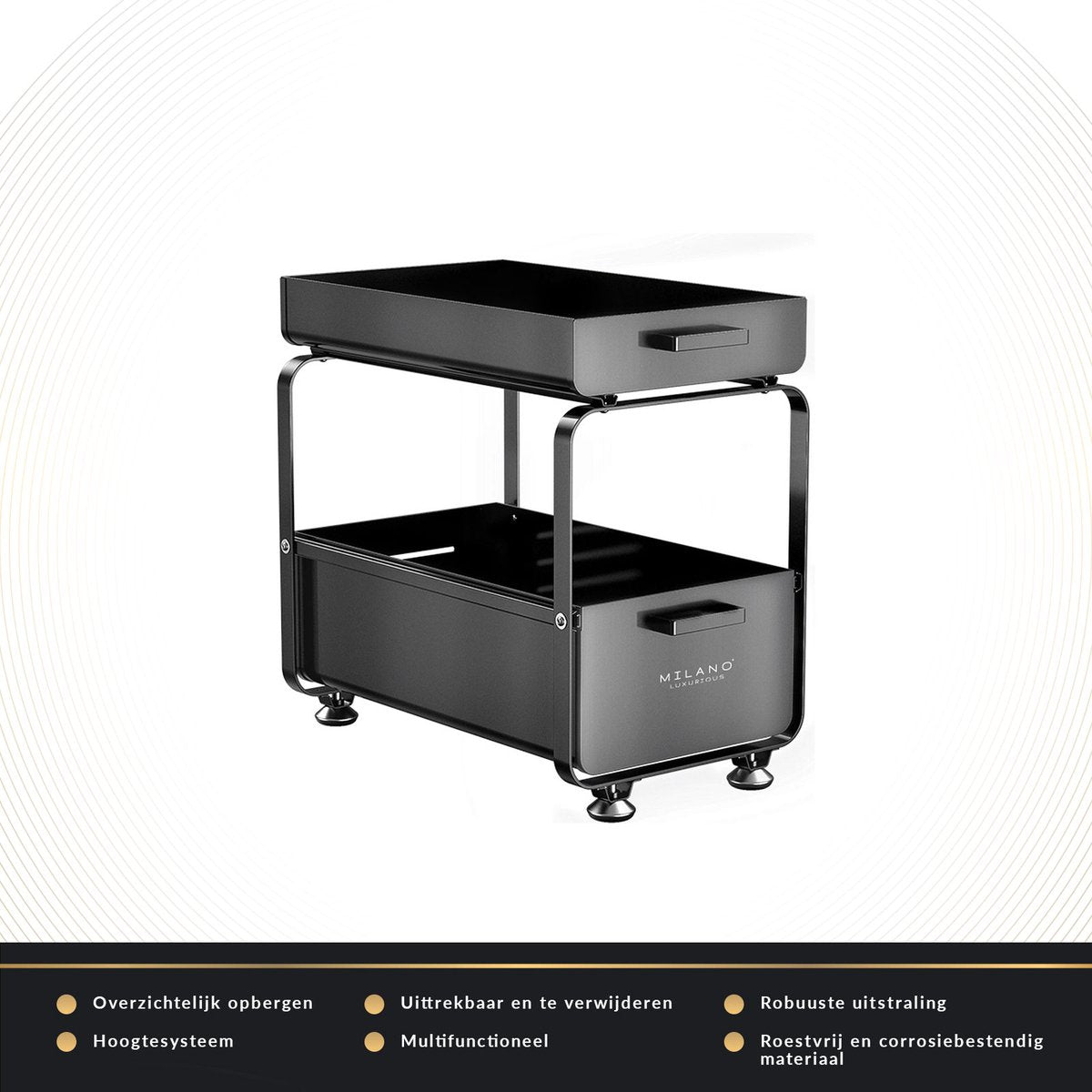 Milano Luxe organizer lade zwart – Keuken ladekast – Gootssteenkast organizer – Opbergrek voor het aanrecht – Tweelaags ladesysteem – Opslag voor keukenkast of badkamerkast