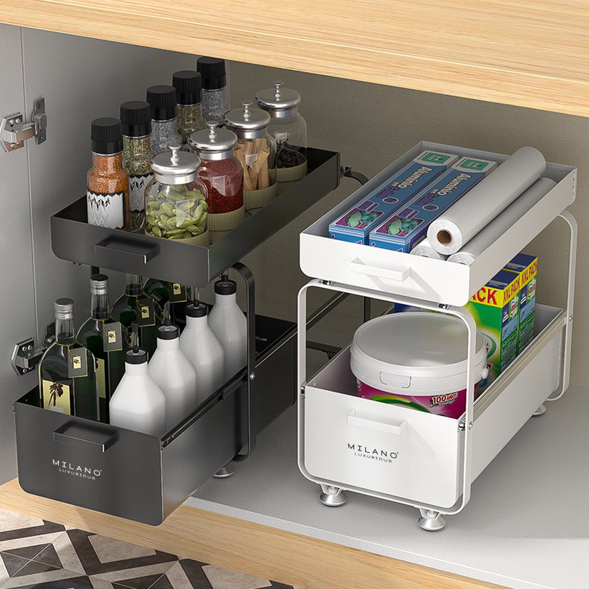 Milano Luxe organizer lade zwart – Keuken ladekast – Gootssteenkast organizer – Opbergrek voor het aanrecht – Tweelaags ladesysteem – Opslag voor keukenkast of badkamerkast