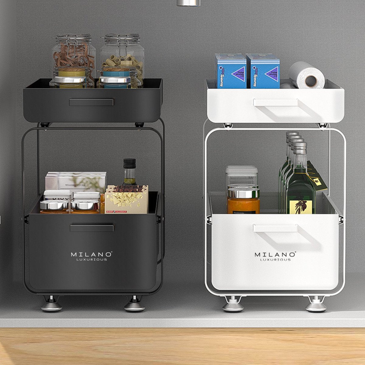 Milano Luxe organizer lade zwart – Keuken ladekast – Gootssteenkast organizer – Opbergrek voor het aanrecht – Tweelaags ladesysteem – Opslag voor keukenkast of badkamerkast