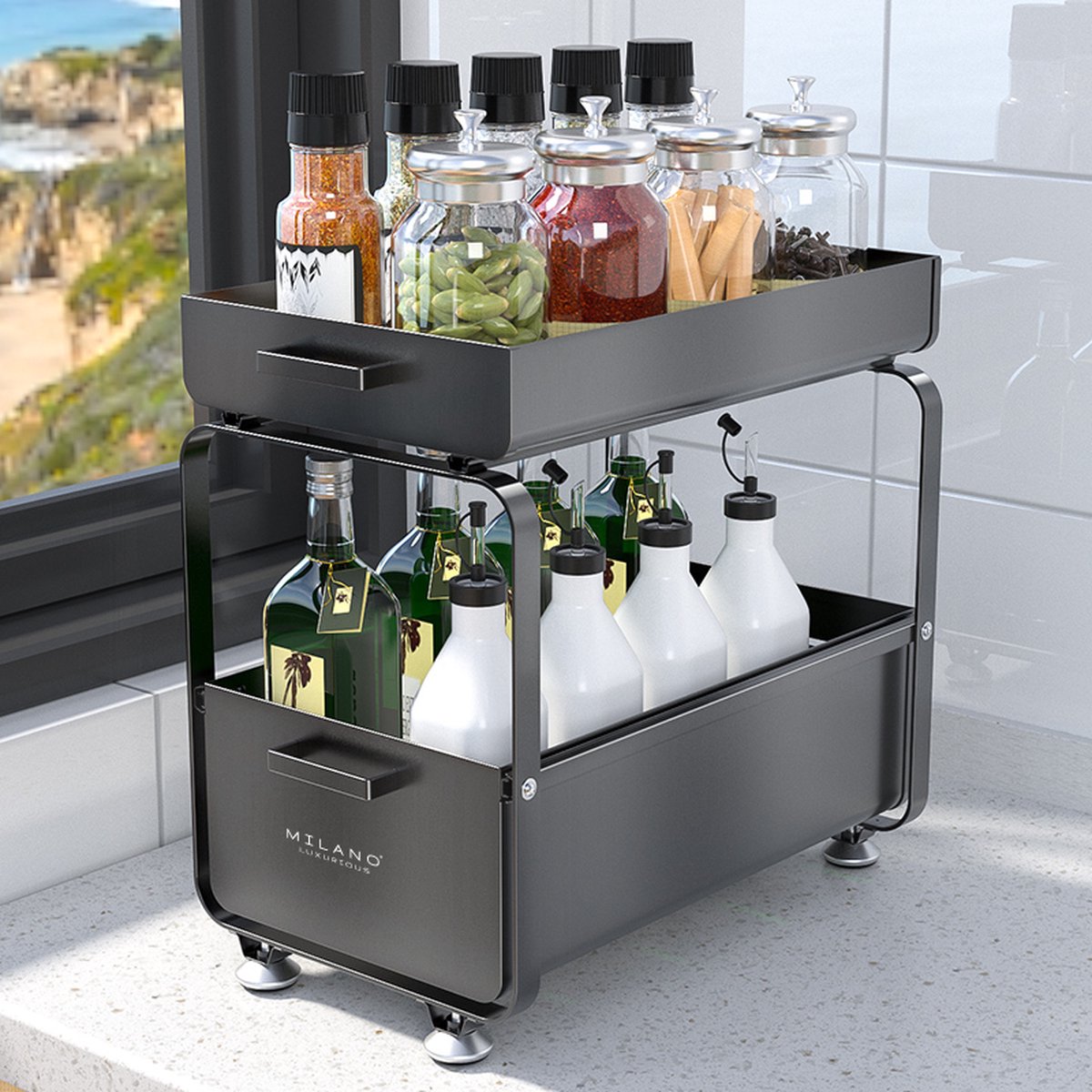 Milano Luxe organizer lade zwart – Keuken ladekast – Gootssteenkast organizer – Opbergrek voor het aanrecht – Tweelaags ladesysteem – Opslag voor keukenkast of badkamerkast