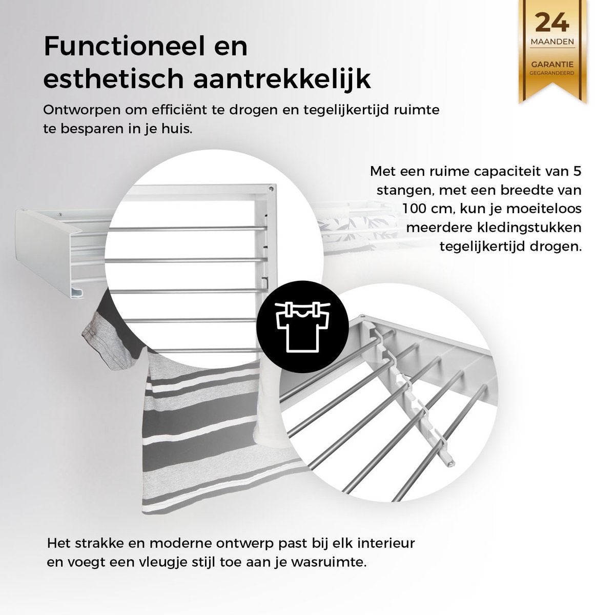 Milano Luxurious Wanddroogrek – Inklapbaar wasrek – Droogrek - Wandmontage – 100 cm - Metaal – Wit/Zilver