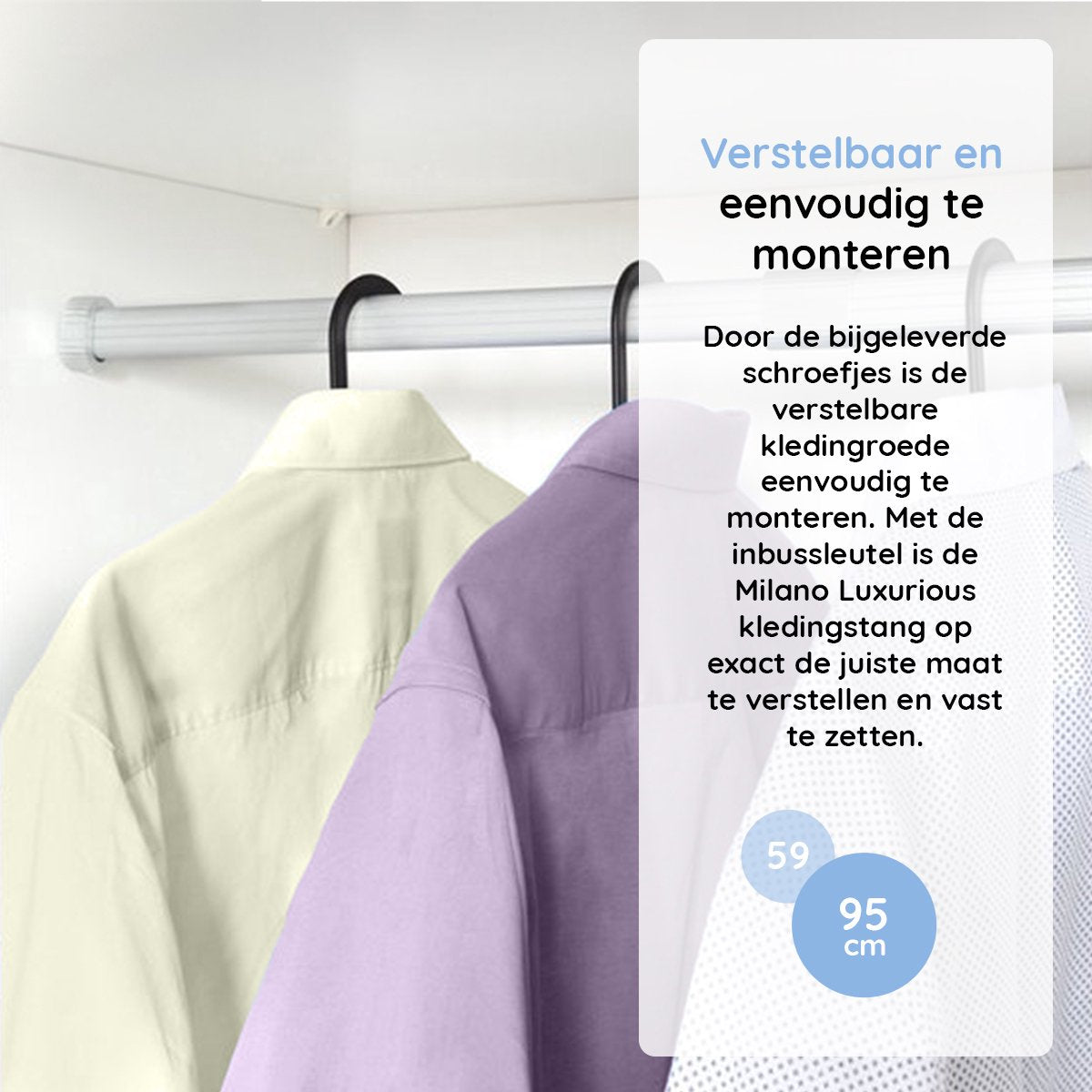 Milano Luxe Kledingroede Verstelbaar – 59 tot 95 cm – Uittrekbare Kledingstang – Garderobestang – Kledingstang om te boren – Stevig Aluminium – Zilver