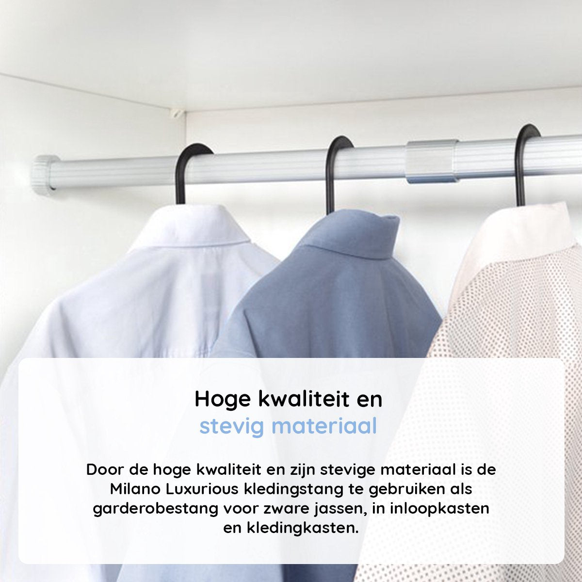 Milano Luxe Kledingroede Verstelbaar – 59 tot 95 cm – Uittrekbare Kledingstang – Garderobestang – Kledingstang om te boren – Stevig Aluminium – Zilver