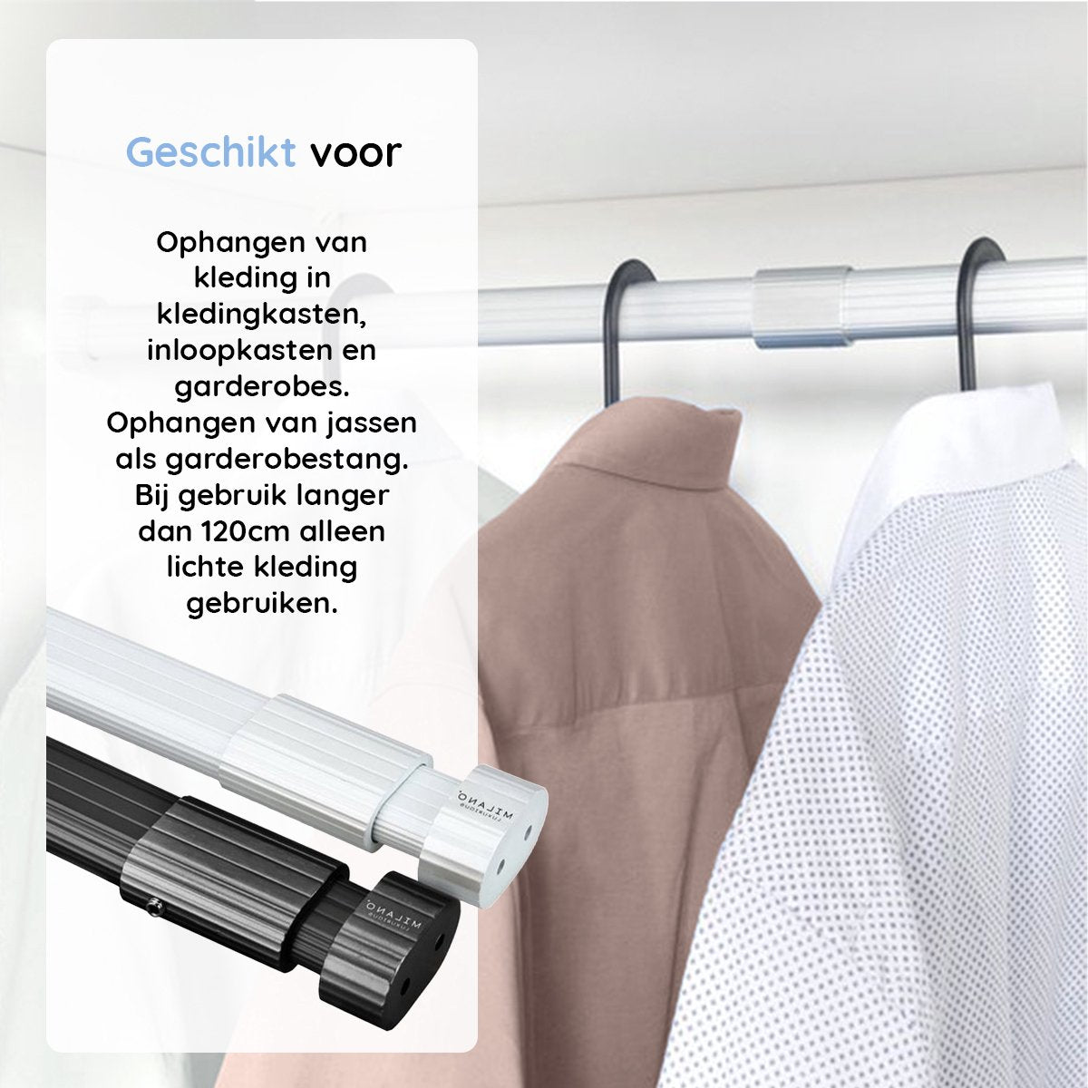 Milano Luxe Kledingroede Verstelbaar – 59 tot 95 cm – Uittrekbare Kledingstang – Garderobestang – Kledingstang om te boren – Stevig Aluminium – Zilver