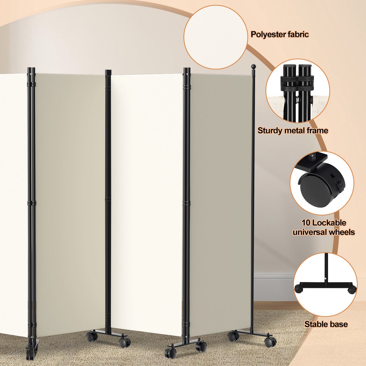 Room divider on wheels with 4 panels - 228 x 181 cm - Garden Room Divider Spanish Wall Partition Beige