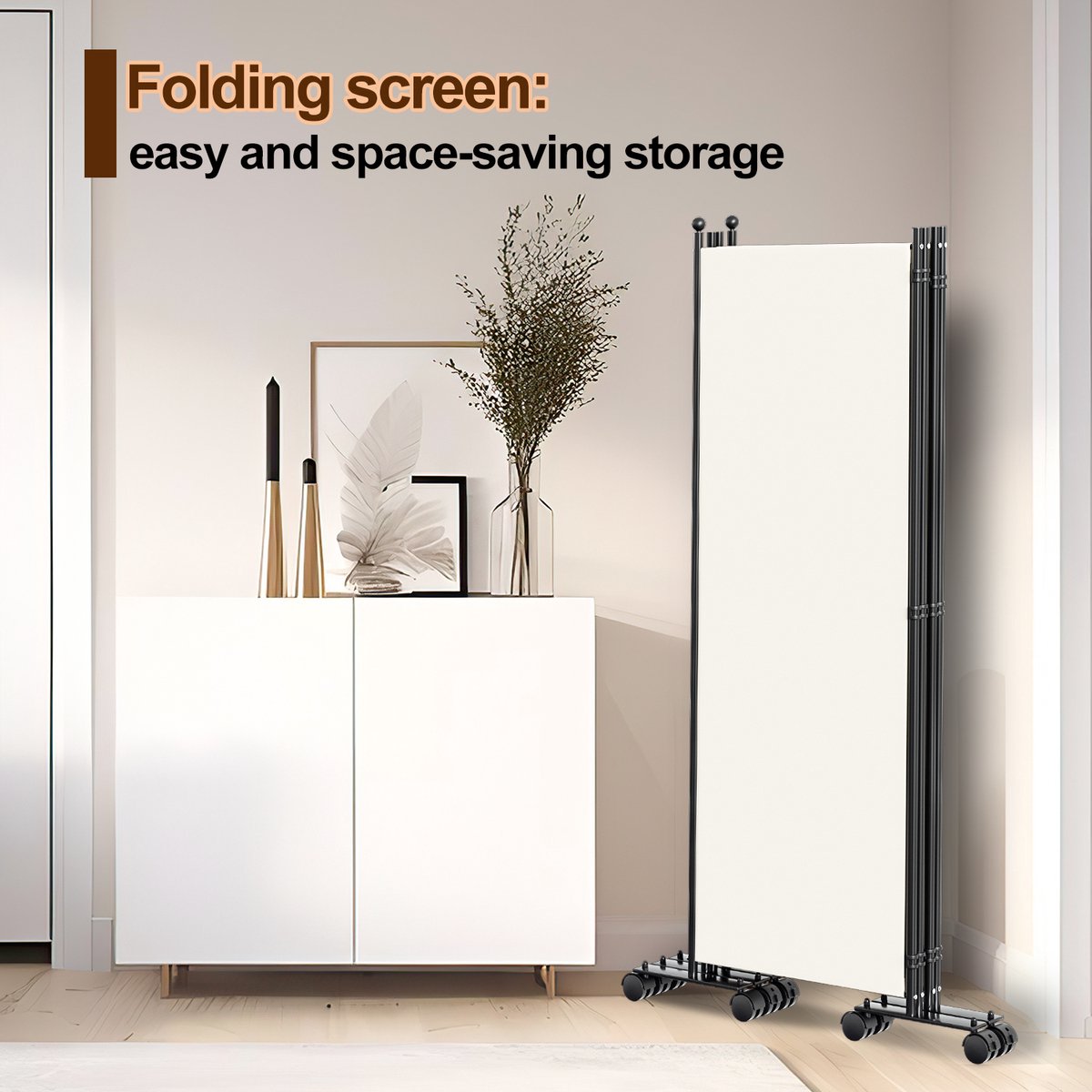 Room divider on wheels with 4 panels - 228 x 181 cm - Garden Room Divider Spanish Wall Partition Beige