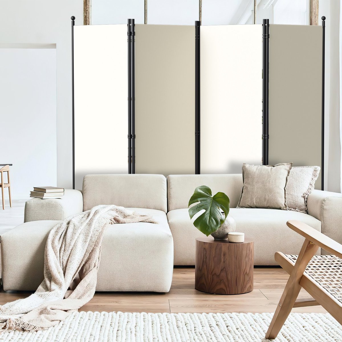 Room divider on wheels with 4 panels - 228 x 181 cm - Garden Room Divider Spanish Wall Partition Beige