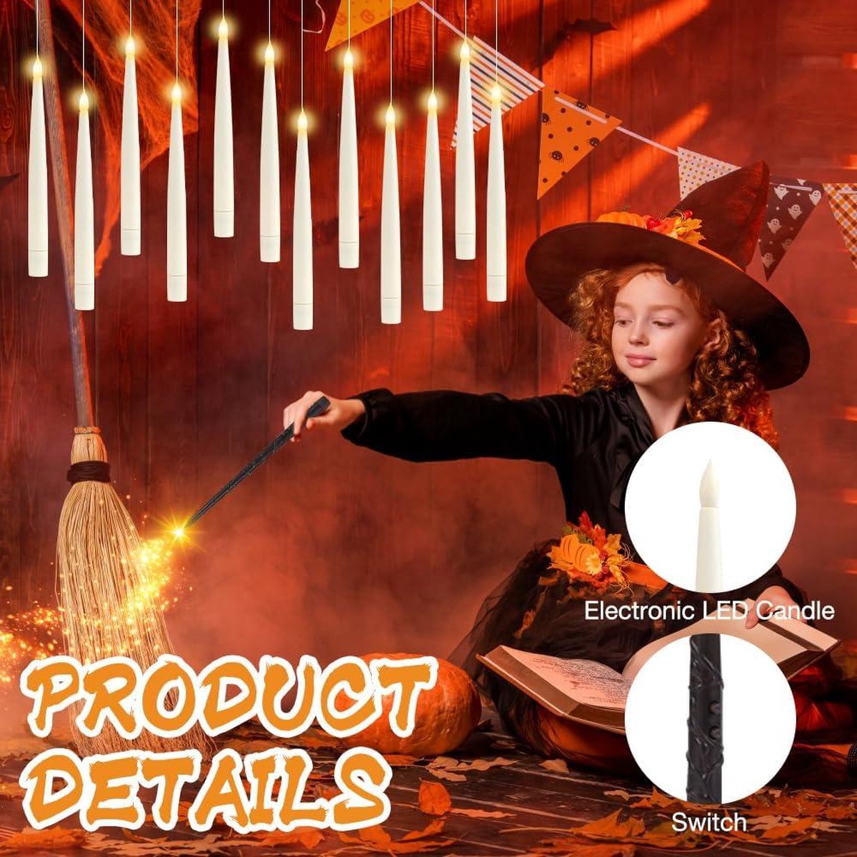 LED-kaarsen met bewegende vlam, toverstaf-afstandsbediening, zwevende kaarsen, warm licht, flikkerende LED-staafkaarsen, vliegende kaarsen, Halloween-kerstdecoratie, werkt op batterijen (Kaars A)