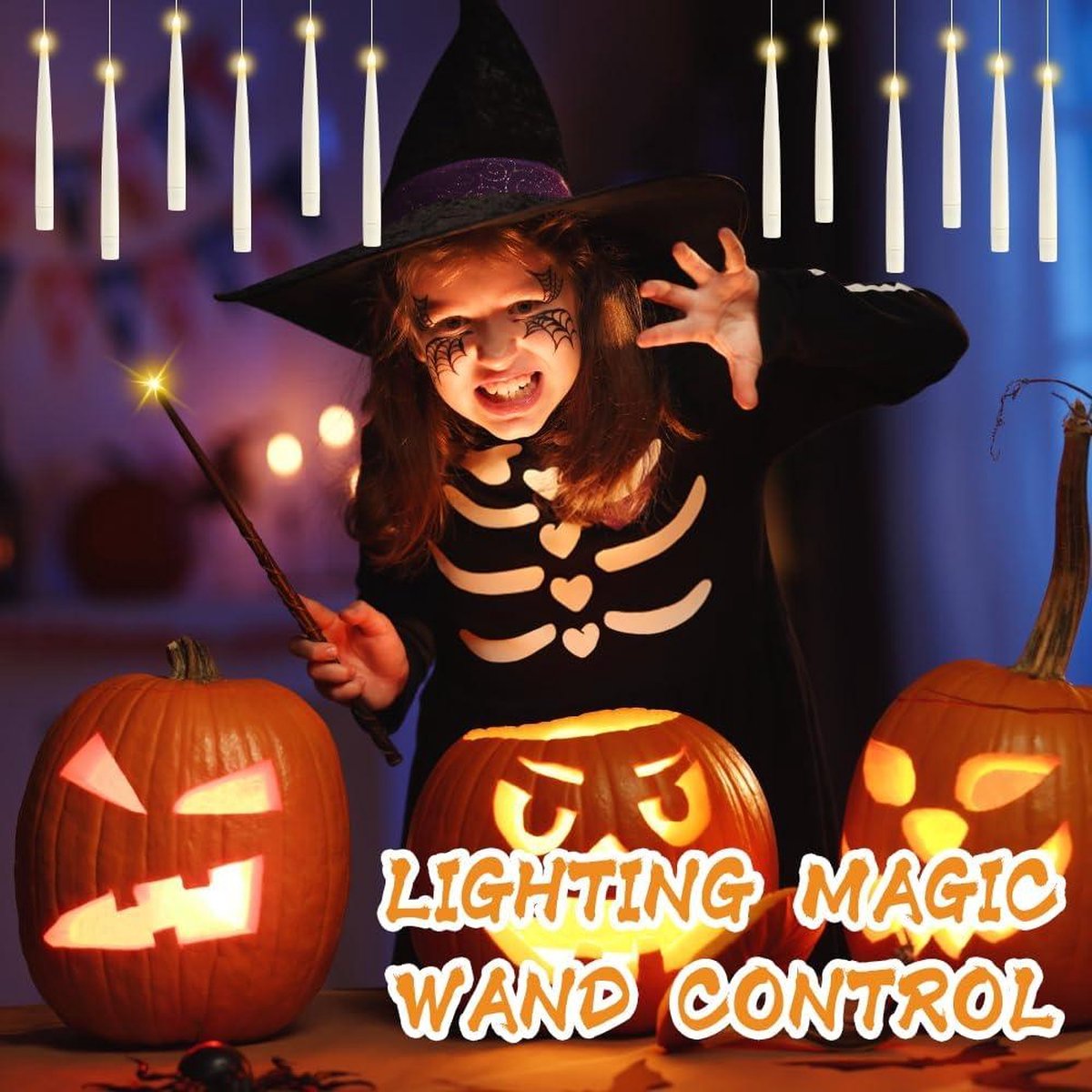LED-kaarsen met bewegende vlam, toverstaf-afstandsbediening, zwevende kaarsen, warm licht, flikkerende LED-staafkaarsen, vliegende kaarsen, Halloween-kerstdecoratie, werkt op batterijen (Kaars A)