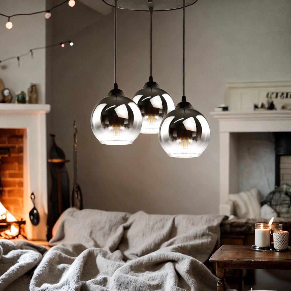 Hanging Lamp Industrial for Living Room, Dining Room - Smoked Glass - 3-light - Smoked Glass - 3 spheres - Smoked Glass
