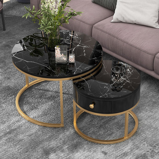 Modern salontafelset van 2 voor woonkamer balkon kantoor - ronde houten bijzettafels met lade - goud stevig metalen frame - eenvoudige montage - marmer zwart 70 cm en 50 cm