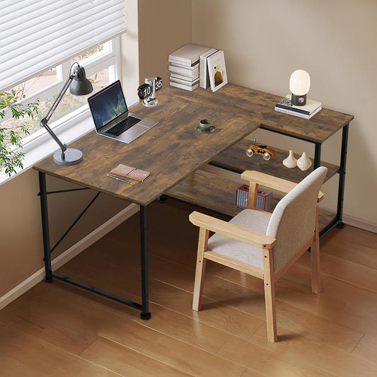 Reversible Desk L-Shaped Corner Desk with Storage Reversible Computer Desk L-Shaped with Corner Table, Office Desk L-Shaped 2-Tier DIY Storage Shelves 110CM Corner Table Vintage Brown