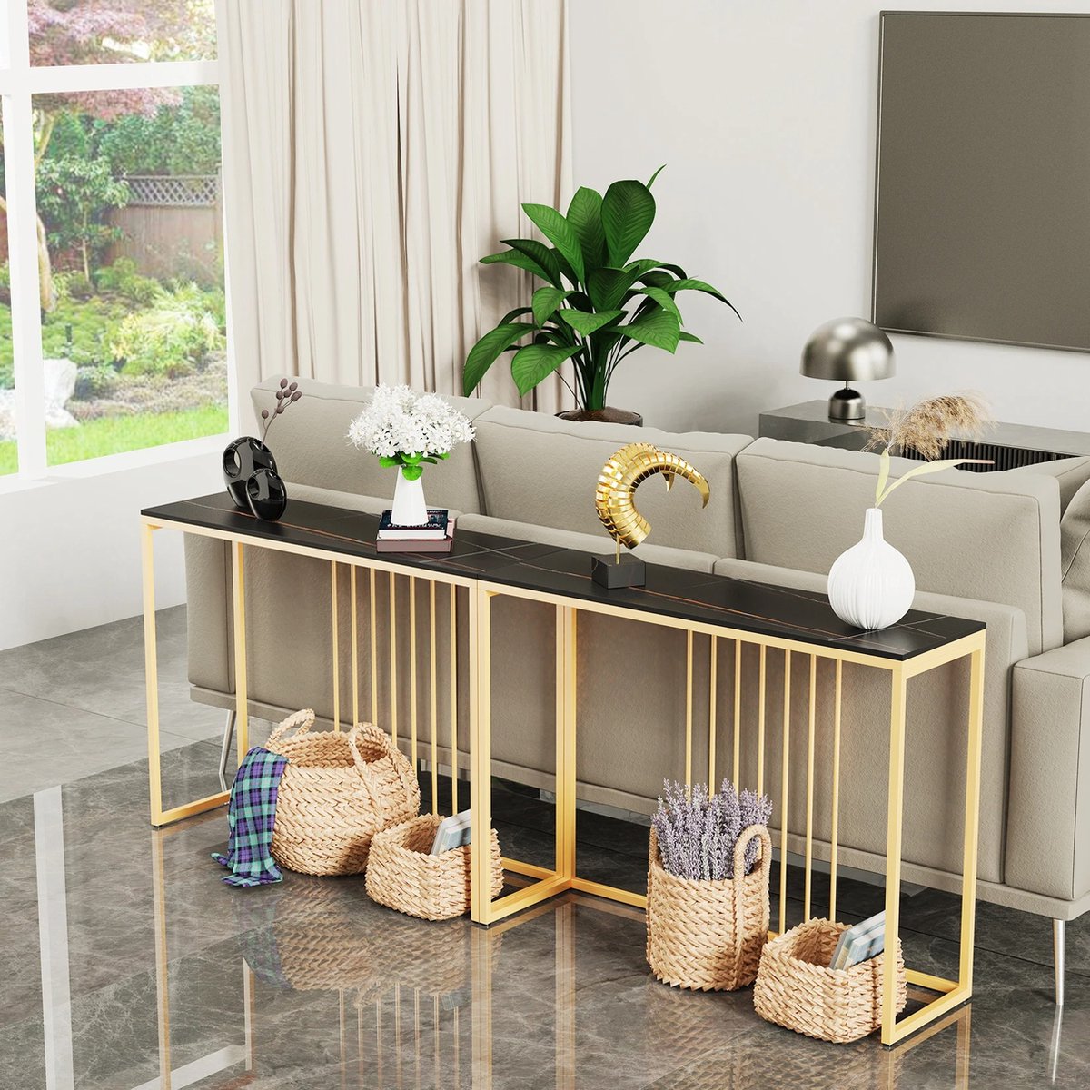 J&R Luxe sidetable - Muurtafel - Wandtafel - Bijzettafel - Console tafel - Wandbureau - Kaptafel - Bartafel - Zwart marmer blad - Goud frame - 100 x 300 x 78.5cm - Wit