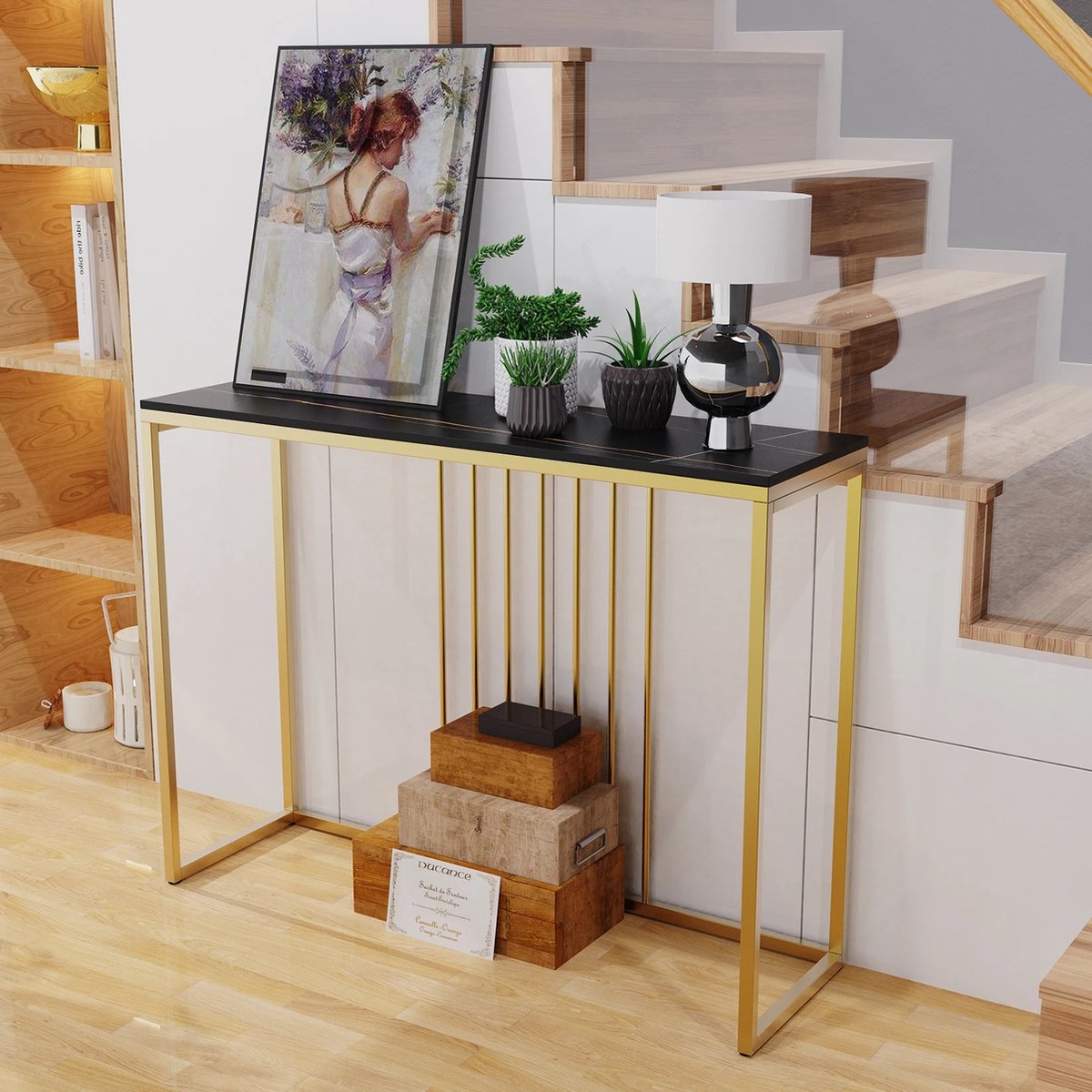J&R Luxe sidetable - Muurtafel - Wandtafel - Bijzettafel - Console tafel - Wandbureau - Kaptafel - Bartafel - Zwart marmer blad - Goud frame - 100 x 300 x 78.5cm - Wit