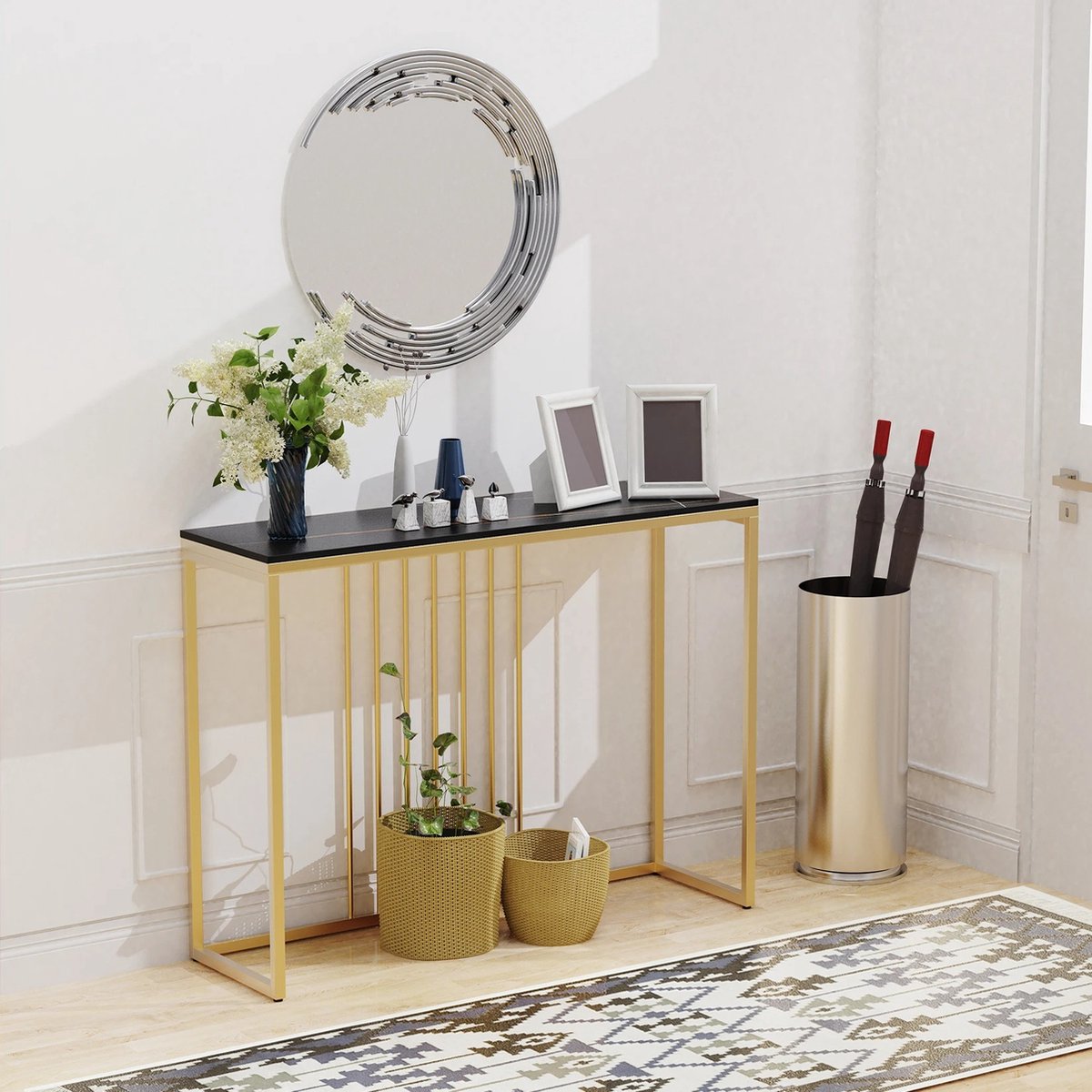 J&R Luxe sidetable - Muurtafel - Wandtafel - Bijzettafel - Console tafel - Wandbureau - Kaptafel - Bartafel - Zwart marmer blad - Goud frame - 100 x 300 x 78.5cm - Wit