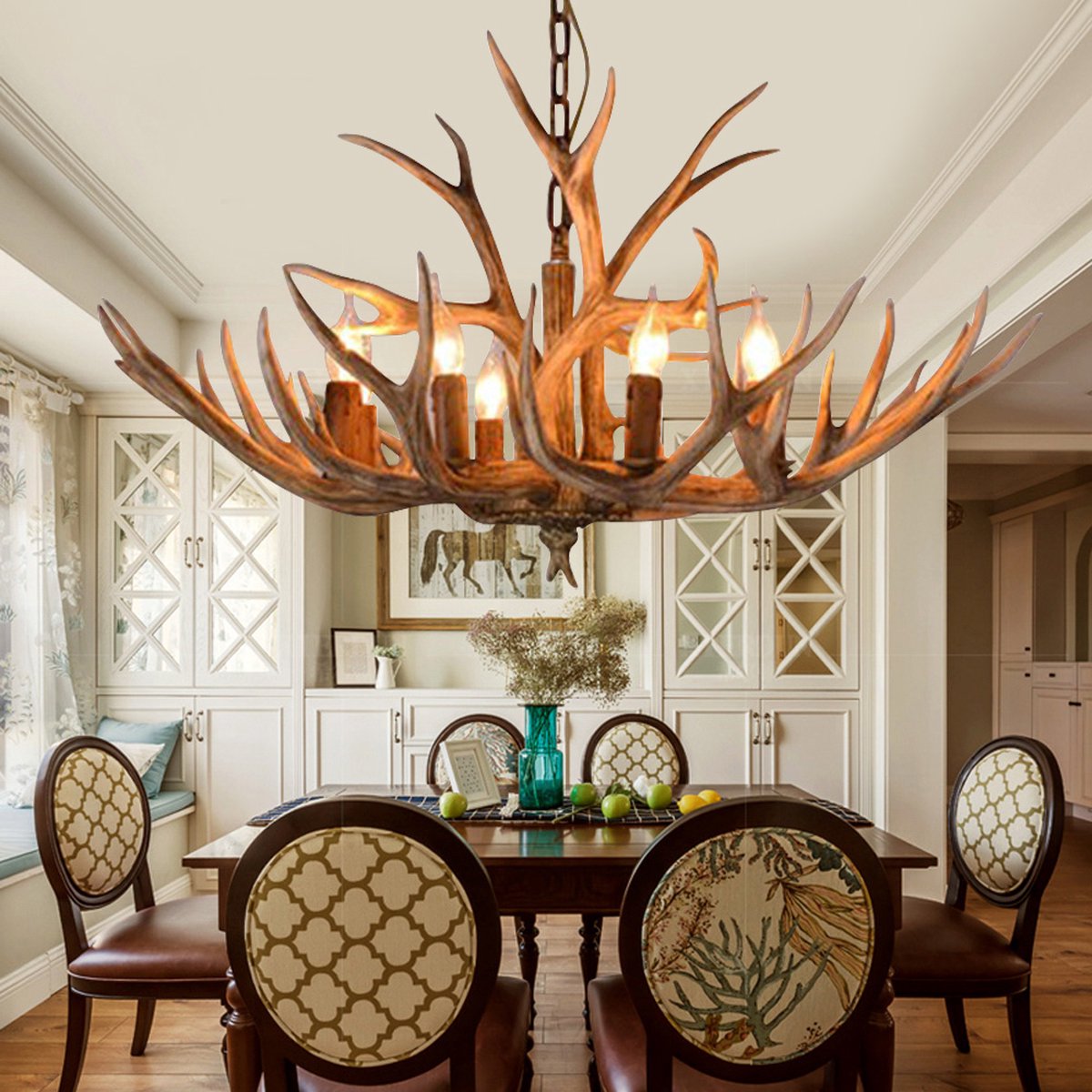 Wooden Chandelier - 6 Arm Wooden Chandelier - Deer Horn Style - 75 cm - Pendant Light - Living Room Lamp - Modern Lamp