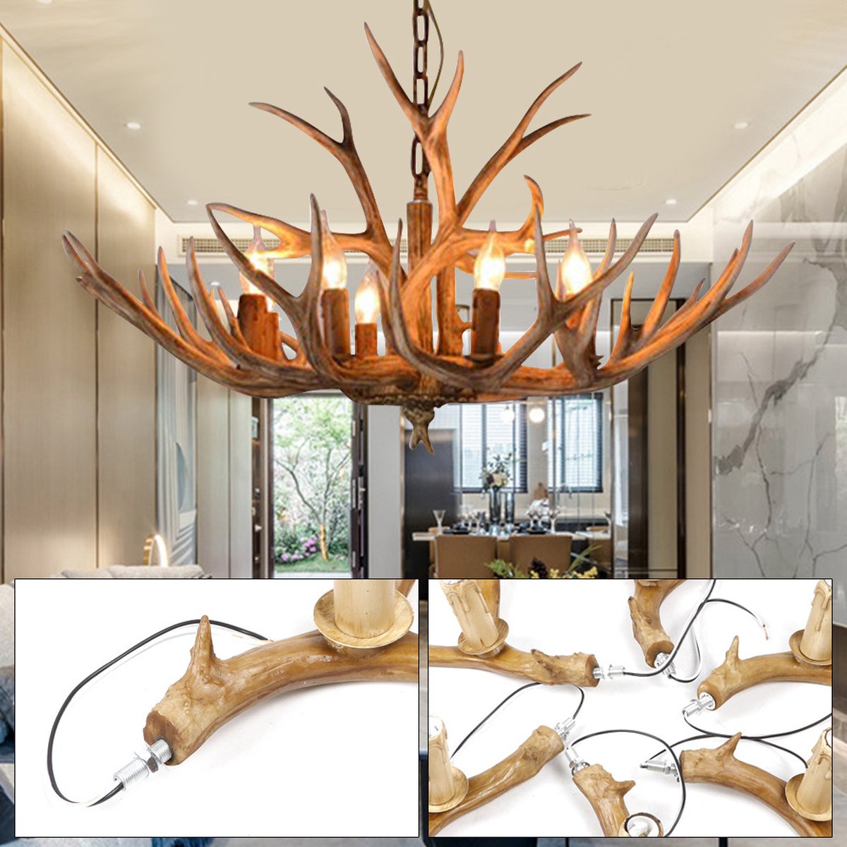 Wooden Chandelier - 6 Arm Wooden Chandelier - Deer Horn Style - 75 cm - Pendant Light - Living Room Lamp - Modern Lamp