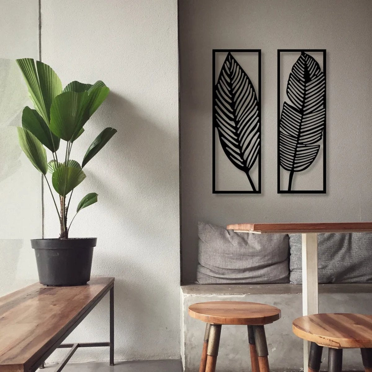 2 stuks XL bladeren moderne deco muurdecoratie - Wanddecoratie - Zwart - art - Muurdecoratie - Line art - Wall art - Bohemian - Wandborden - Woonkamer - 75x65cm