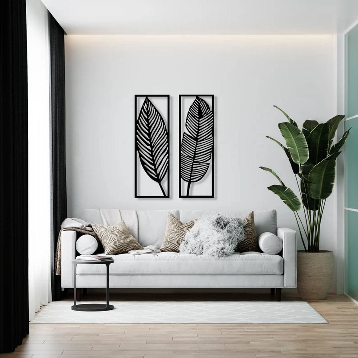 2 stuks XL bladeren moderne deco muurdecoratie - Wanddecoratie - Zwart - art - Muurdecoratie - Line art - Wall art - Bohemian - Wandborden - Woonkamer - 75x65cm