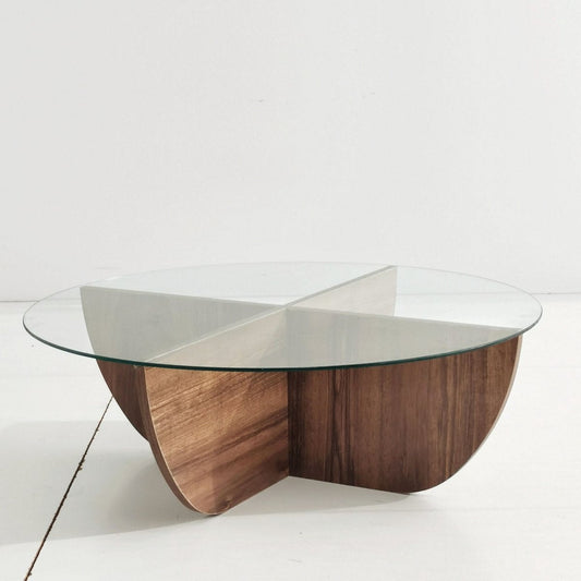 Salontafel halfrond glas hout - walnoot - 90x30 cm - gehard glas - Retro - bijzettafel rond glas