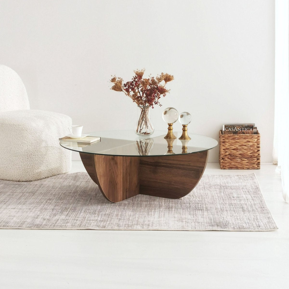 Salontafel halfrond glas hout - walnoot - 90x30 cm - gehard glas - Retro - bijzettafel rond glas