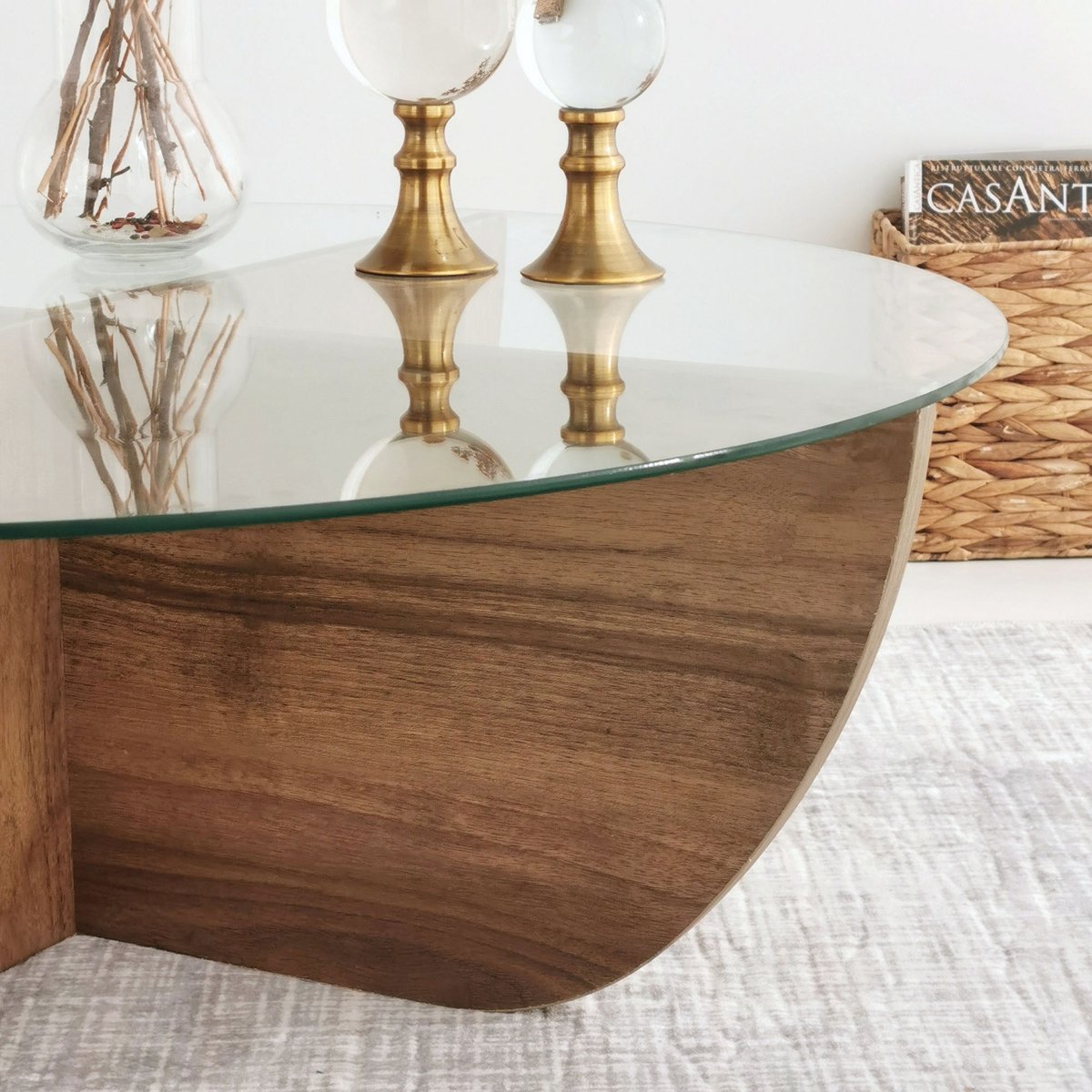 Salontafel halfrond glas hout - walnoot - 90x30 cm - gehard glas - Retro - bijzettafel rond glas
