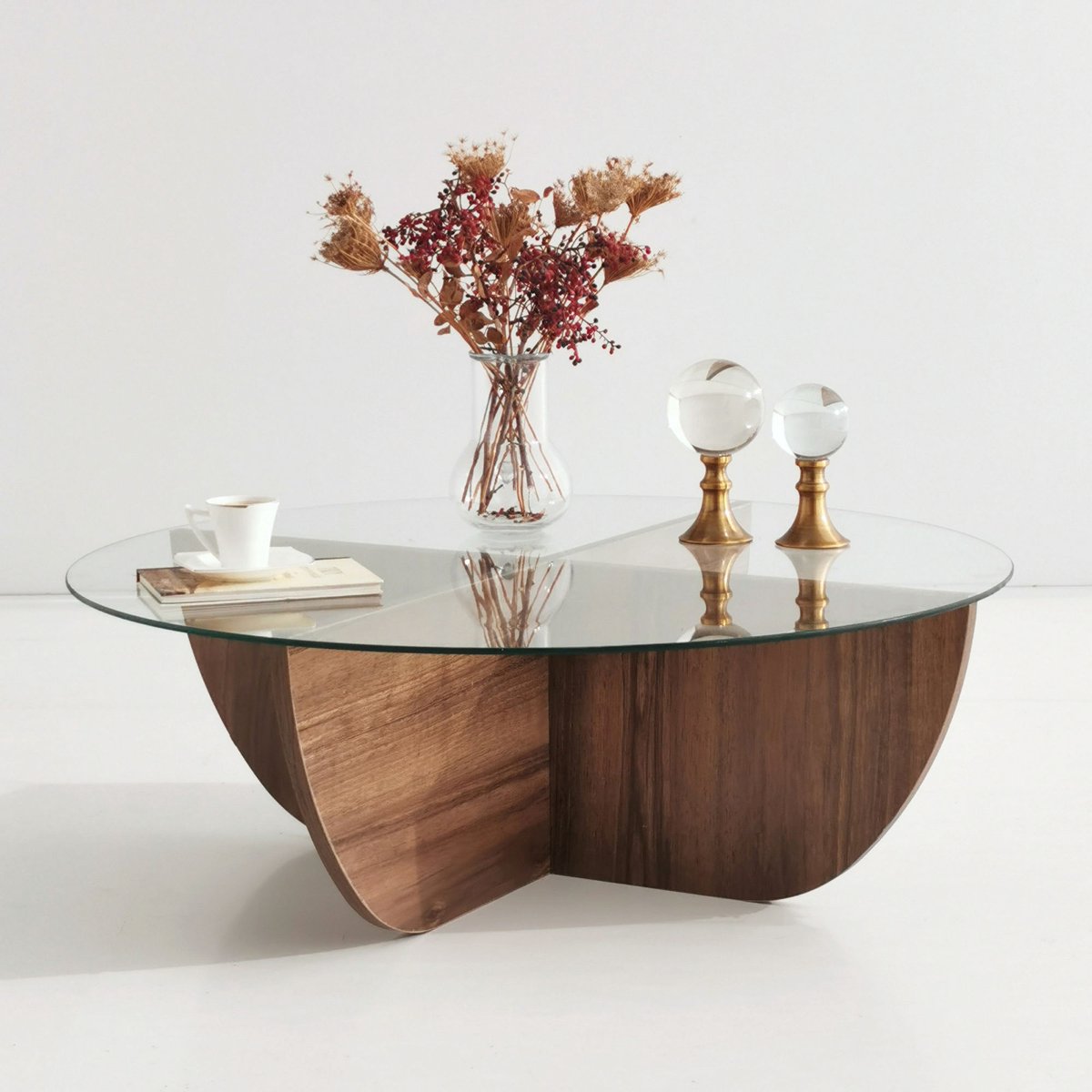 Salontafel halfrond glas hout - walnoot - 90x30 cm - gehard glas - Retro - bijzettafel rond glas