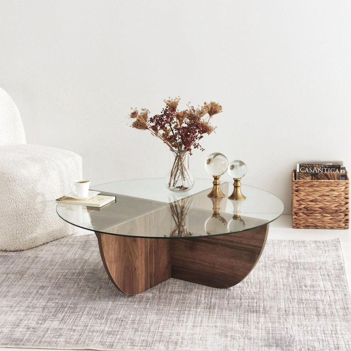 Salontafel halfrond glas hout - walnoot - 90x30 cm - gehard glas - Retro - bijzettafel rond glas