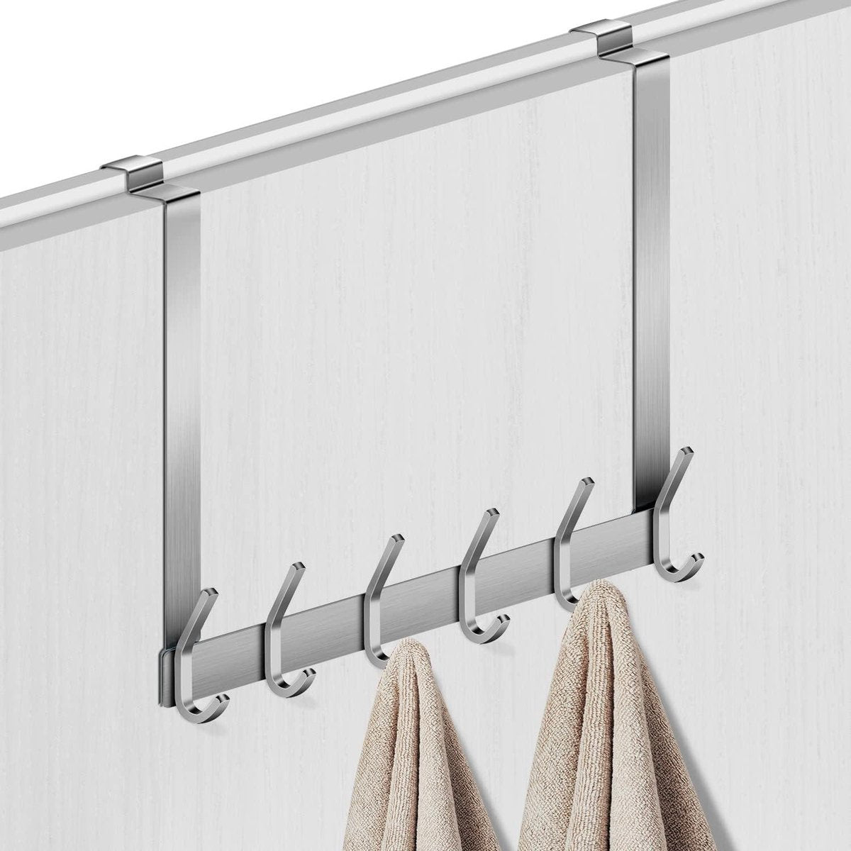 Stainless Steel Door Hook without Drilling - 6 Hooks Door Hook Strip - Bathroom Bedroom - Silver Inside Door Coat Rack Overlay Door