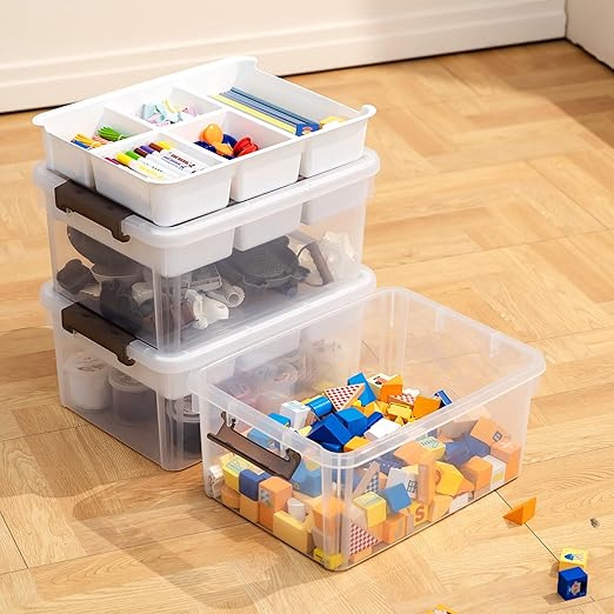 Plastic opbergdozen 16 l met 6 x 1,6 l dozen kleine verstevigde dozen opslag met deksel klein voor het opbergen van gereedschap, knutselen, lego, kleurpotloden