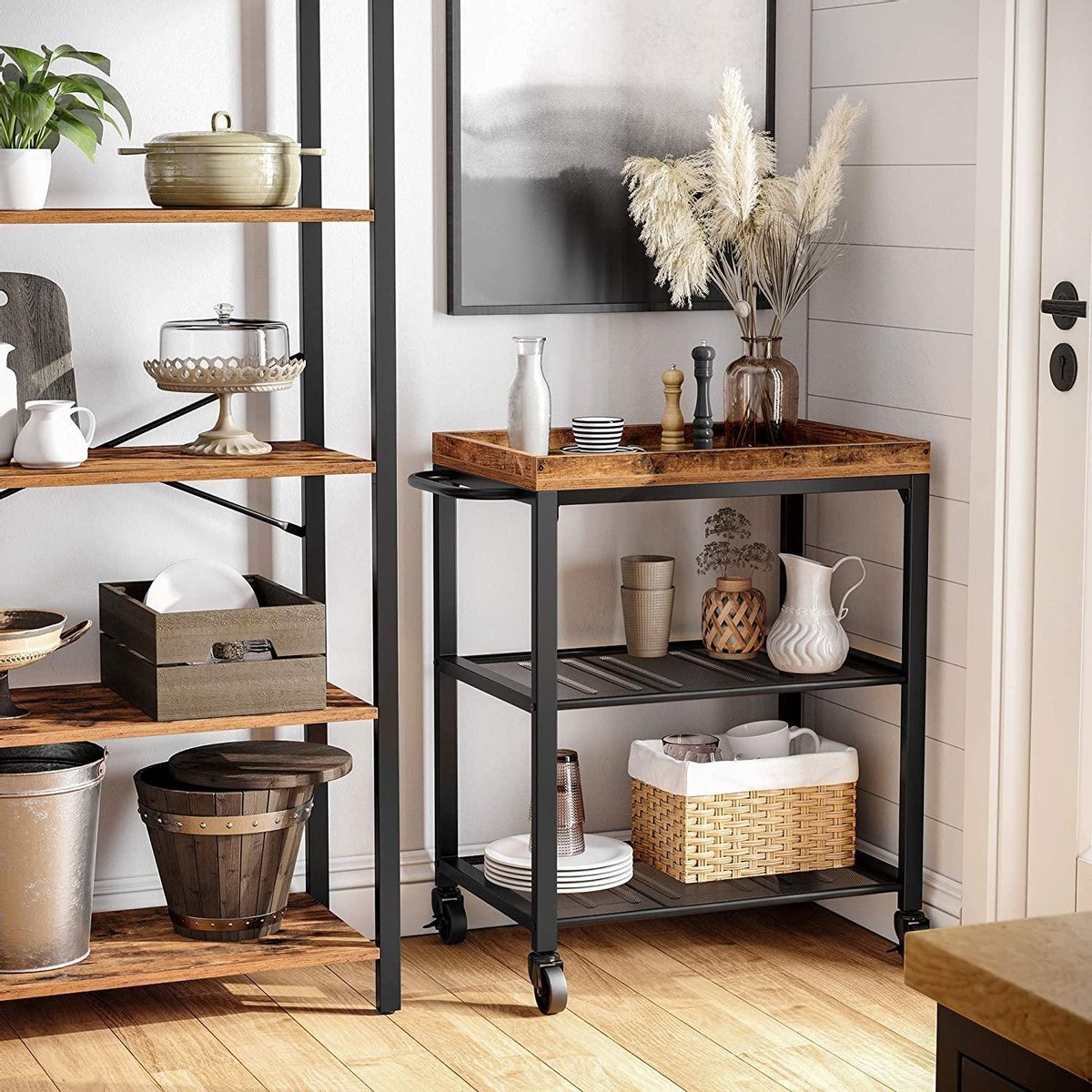 serveerwagen, keukentrolley, trolley, keukenrek op 4 wielen, stalen frame, 3 planken, voor keuken en woonkamer, industrieel design, vintage bruinzwart LRC78X