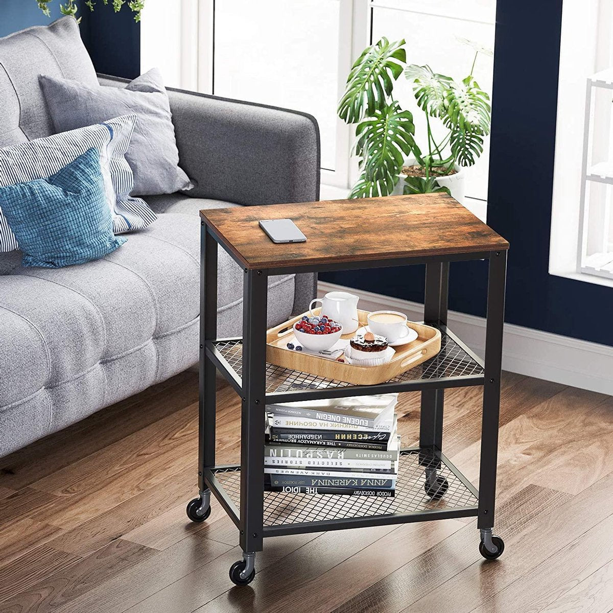 serveerwagen, keukentrolley, trolley, keukenrek op 4 wielen, stalen frame, 3 planken, voor keuken en woonkamer, industrieel design, vintage bruinzwart LRC78X