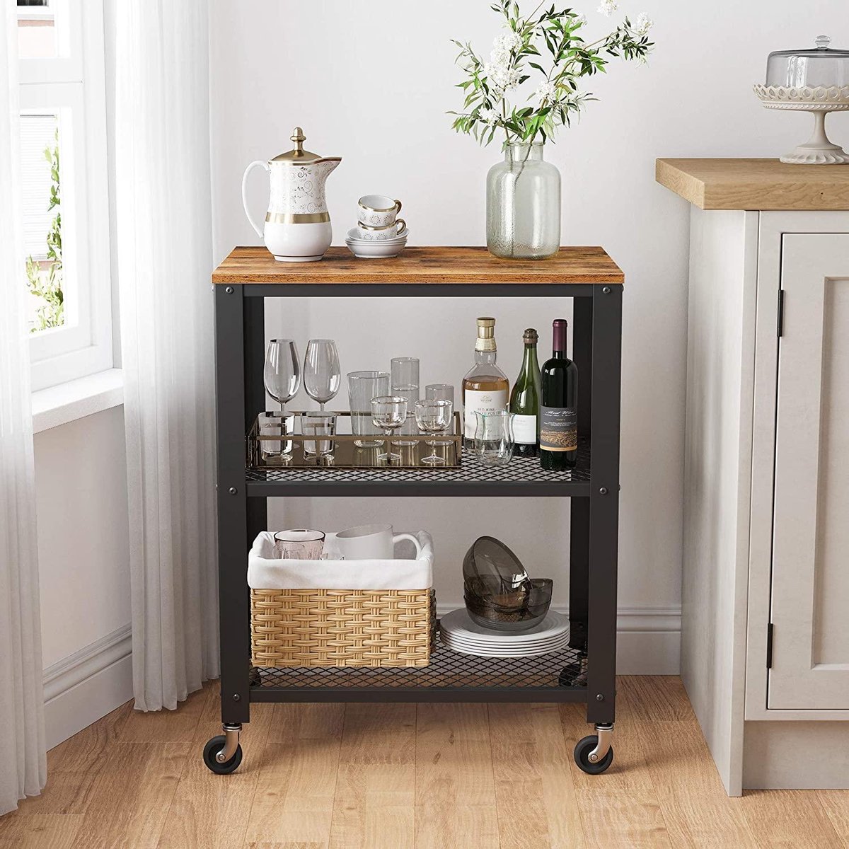serveerwagen, keukentrolley, trolley, keukenrek op 4 wielen, stalen frame, 3 planken, voor keuken en woonkamer, industrieel design, vintage bruinzwart LRC78X