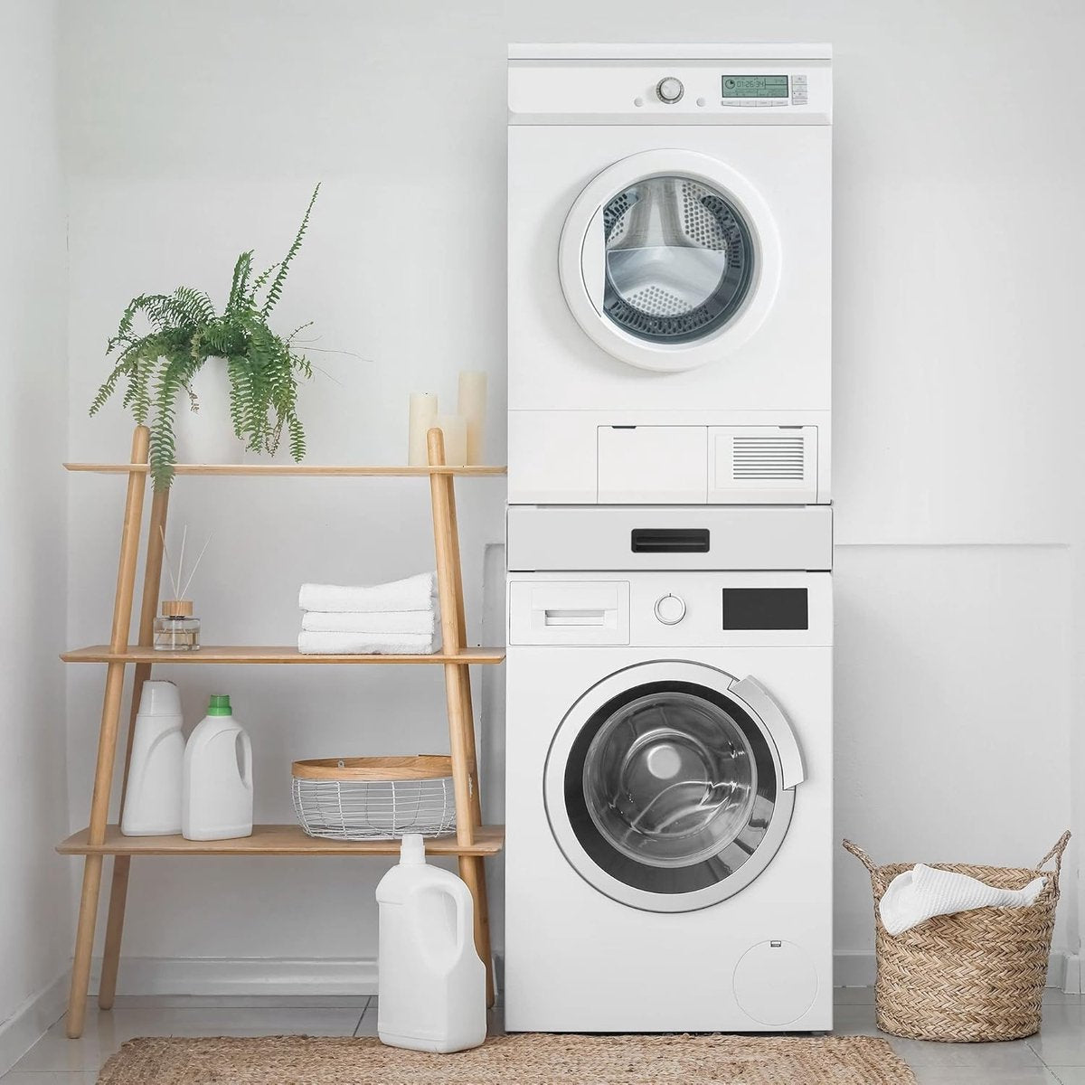 Tussenstuk Wasmachine Droger - Universeel - Stapelkit - Opbouwmeubel - Verhoger - Met Lade - Wit - 60,5x54x15