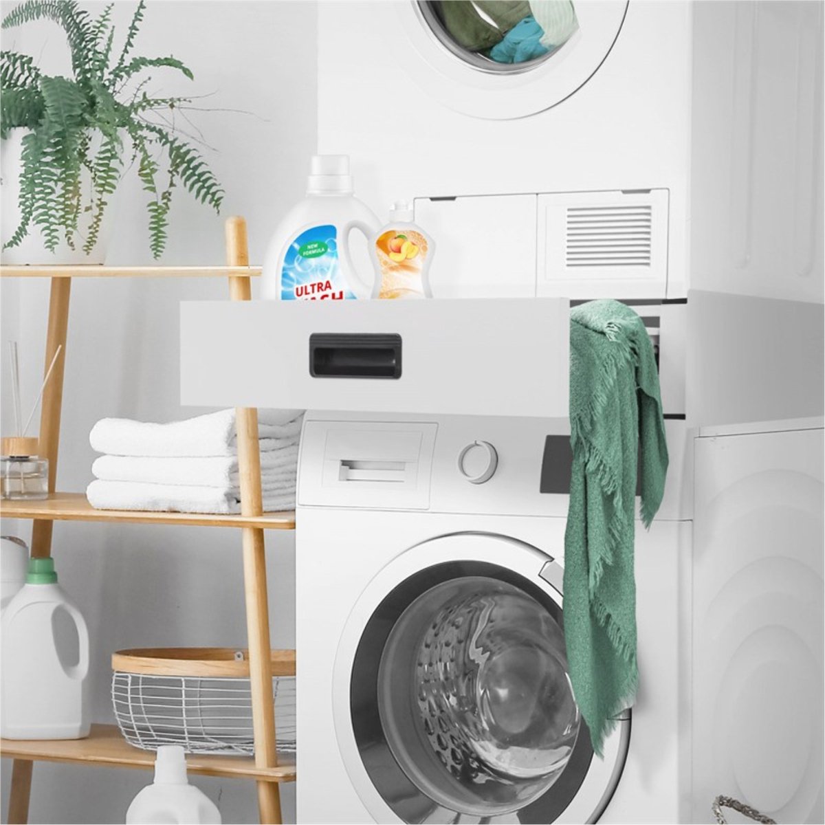 Tussenstuk Wasmachine Droger - Universeel - Stapelkit - Opbouwmeubel - Verhoger - Met Lade - Wit - 60,5x54x15