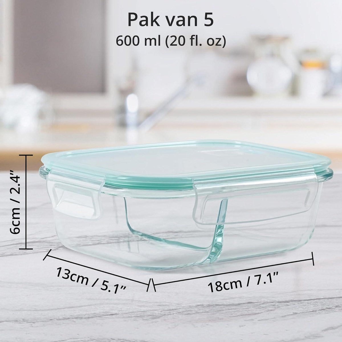 Glass Meal Prep Containers - 2 Compartments & Lids - Food-Grade BPA-Free - Leakproof & Airtight - Microwave Freezer Dishwasher Safe (5 Pack) Meal prep bakjes
