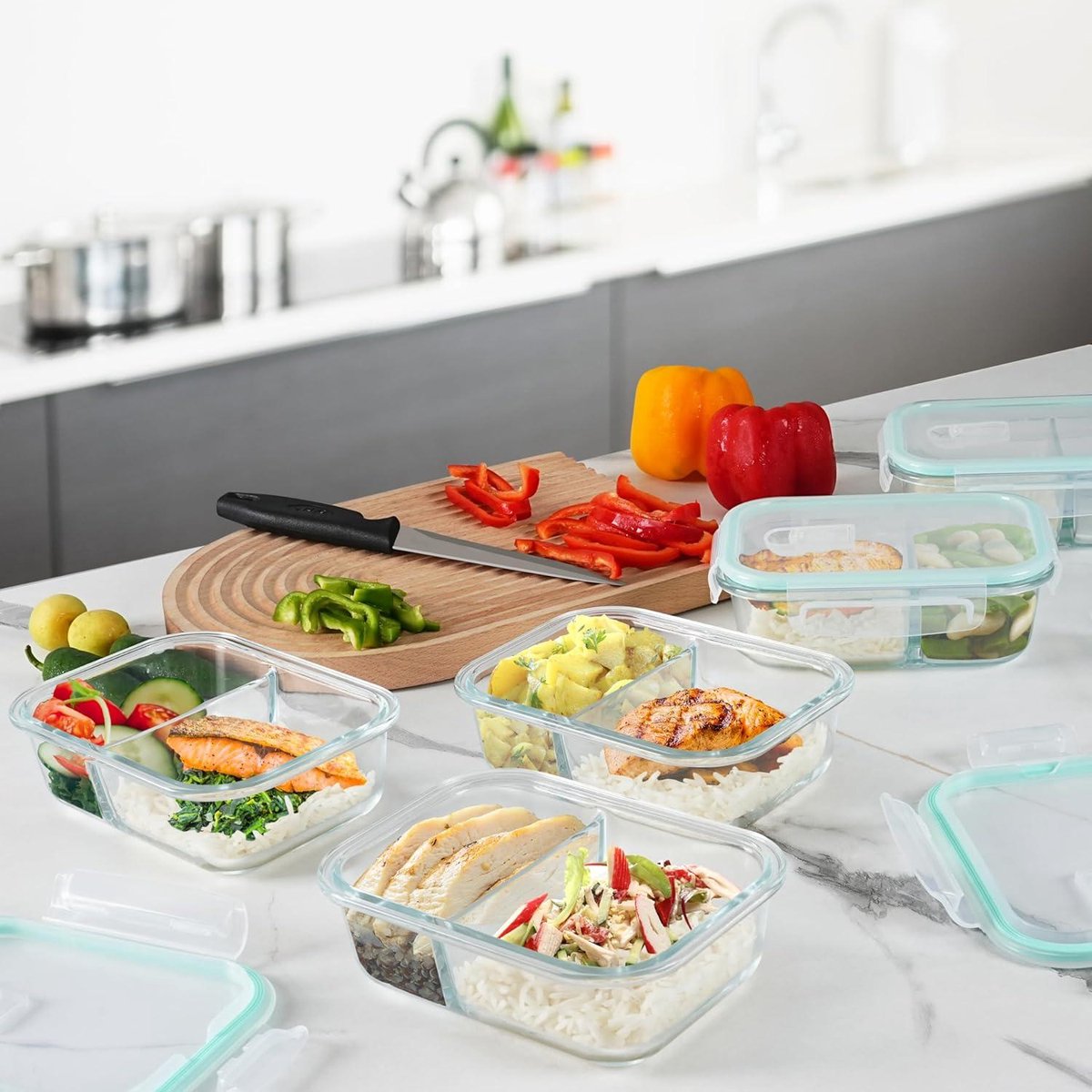 Glass Meal Prep Containers - 2 Compartments & Lids - Food-Grade BPA-Free - Leakproof & Airtight - Microwave Freezer Dishwasher Safe (5 Pack) Meal prep bakjes