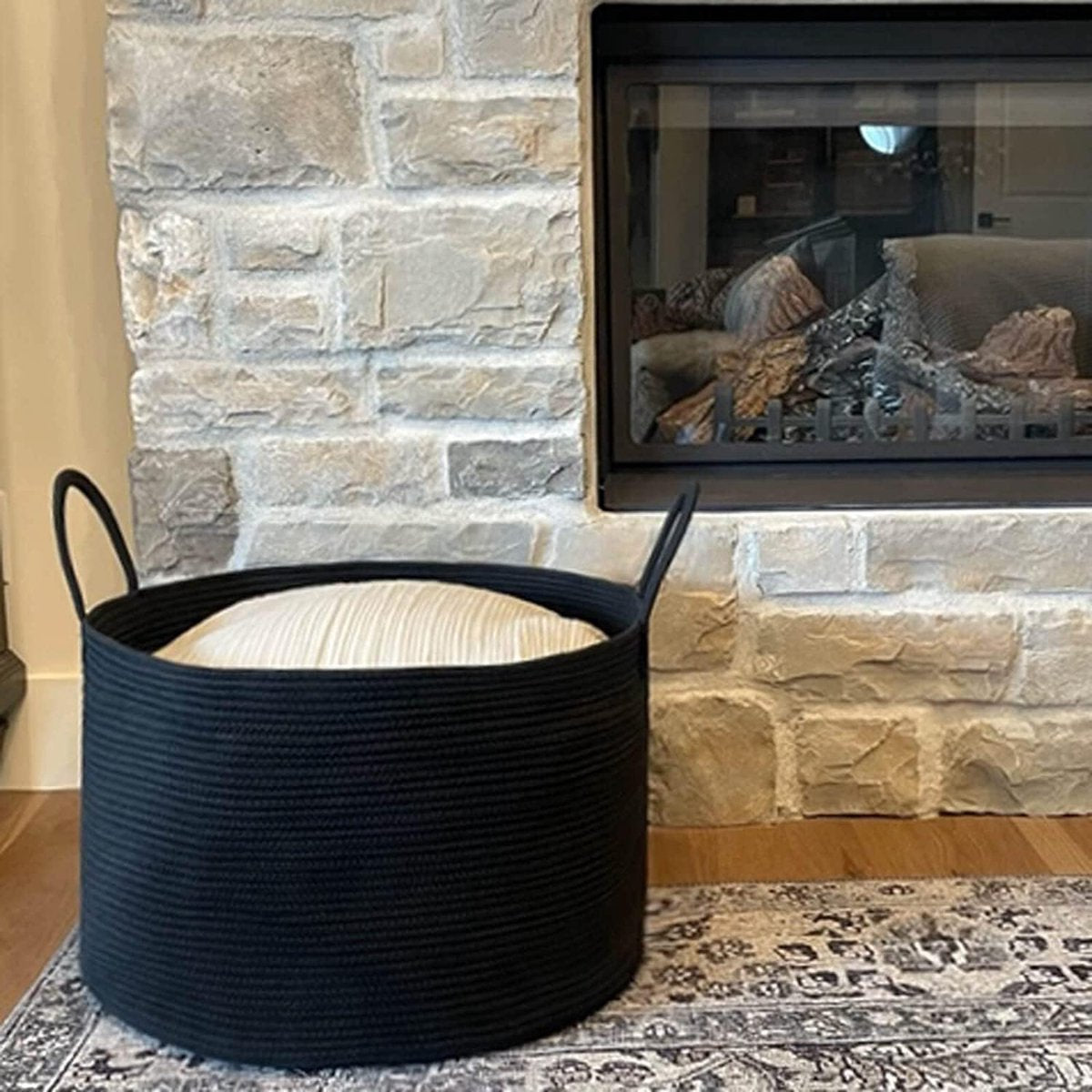 Laundry basket, braided storage basket, large cotton basket, towel basket for bathroom, basket for blankets living room, pillows, baby toys, storage basket, 55 x 35 cm, round, black