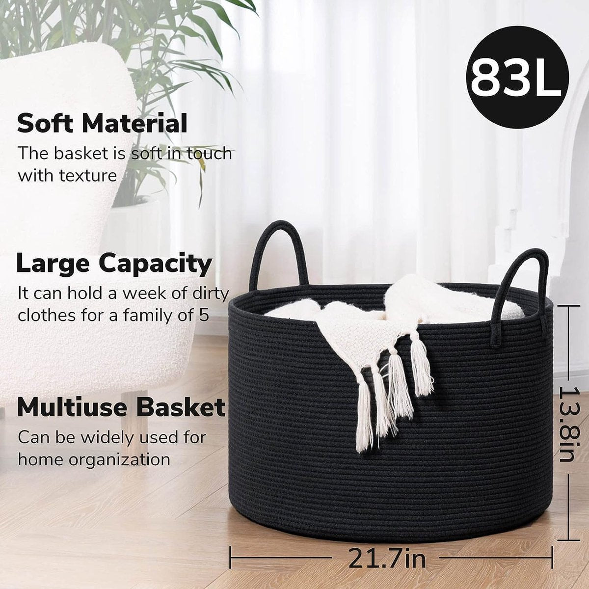 Laundry basket, braided storage basket, large cotton basket, towel basket for bathroom, basket for blankets living room, pillows, baby toys, storage basket, 55 x 35 cm, round, black