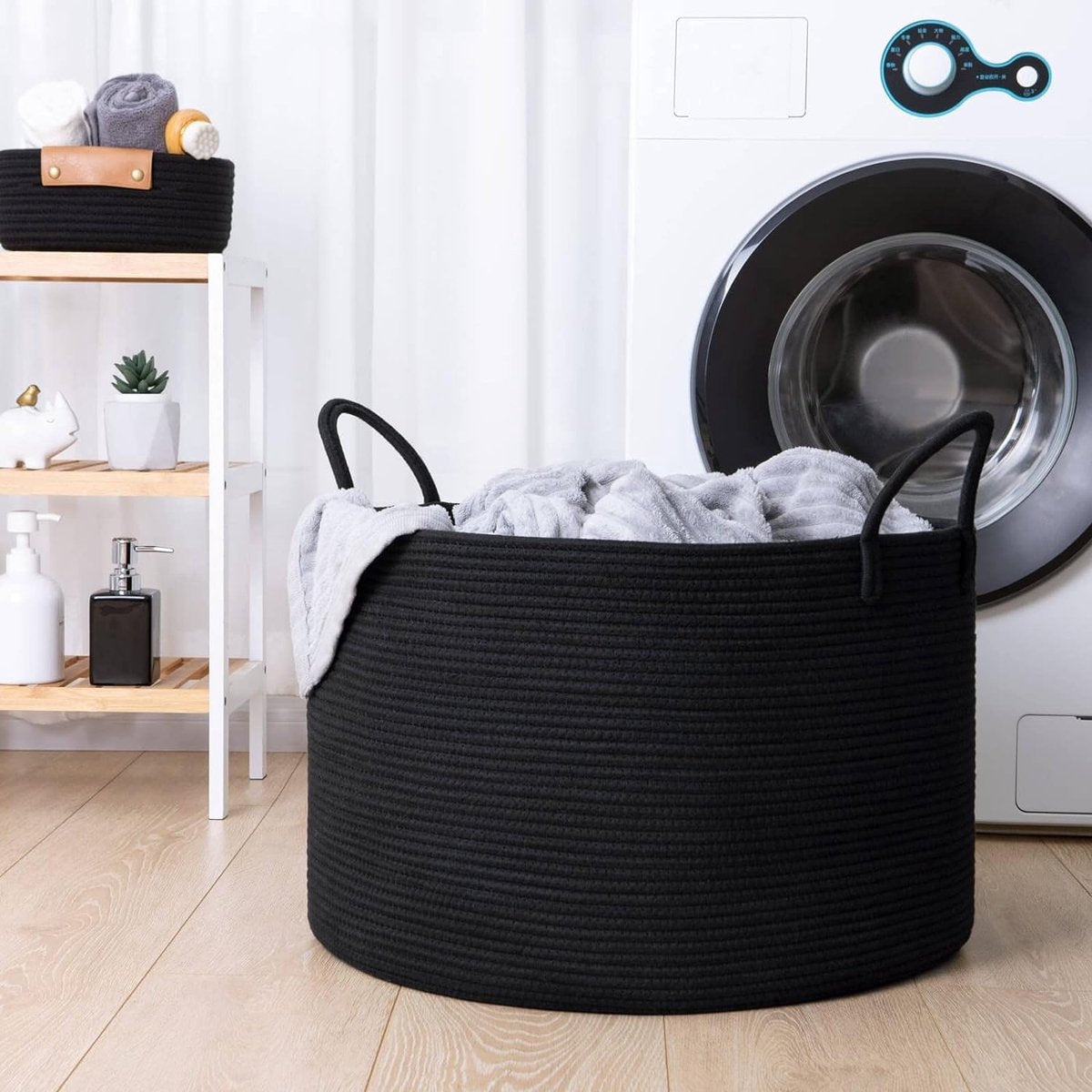 Laundry basket, braided storage basket, large cotton basket, towel basket for bathroom, basket for blankets living room, pillows, baby toys, storage basket, 55 x 35 cm, round, black