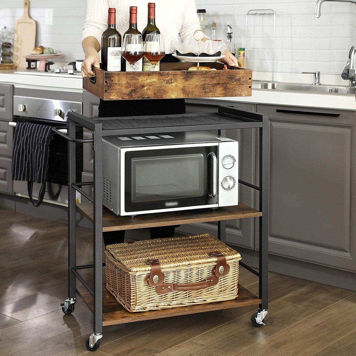 Serving trolley with removable tray - lockable kitchen trolley - metal frame - 65 x 40 x 86 cm - dark brown