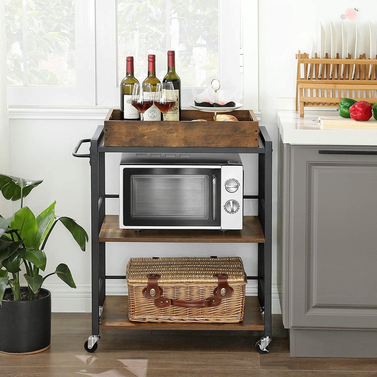 Serving trolley with removable tray - lockable kitchen trolley - metal frame - 65 x 40 x 86 cm - dark brown