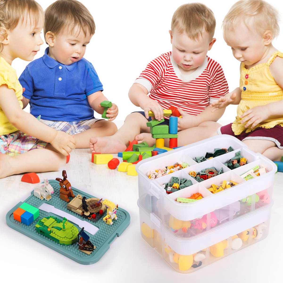 Opbergdoos voor speelgoed, organizer voor Lego, 3-laags, stapelbaar, bouwstenen-container, onderverdeeld, baksteen, puzzel-sorteerder, speelgoedsorteerdoos, opbergcontainer (olijfgroen)