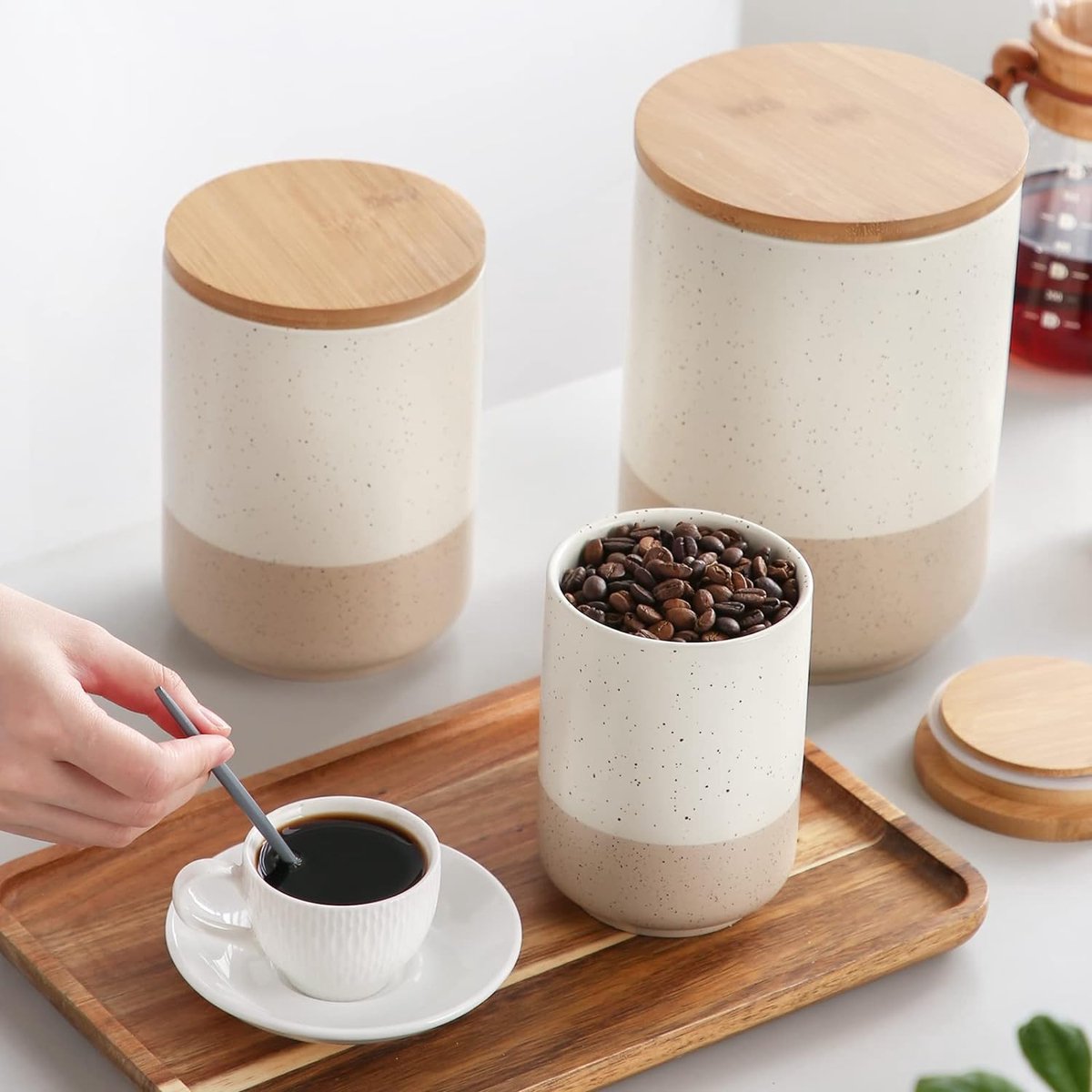 Ceramische voorraadpotten met luchtdichte deksels, opslagcontainers 2400 ml/1250 ml/600 ml, duurzame keukenopbergers voor koffie, suiker, thee, granen, meel, kruiden, beige