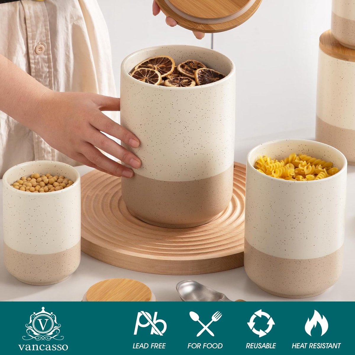 Ceramische voorraadpotten met luchtdichte deksels, opslagcontainers 2400 ml/1250 ml/600 ml, duurzame keukenopbergers voor koffie, suiker, thee, granen, meel, kruiden, beige
